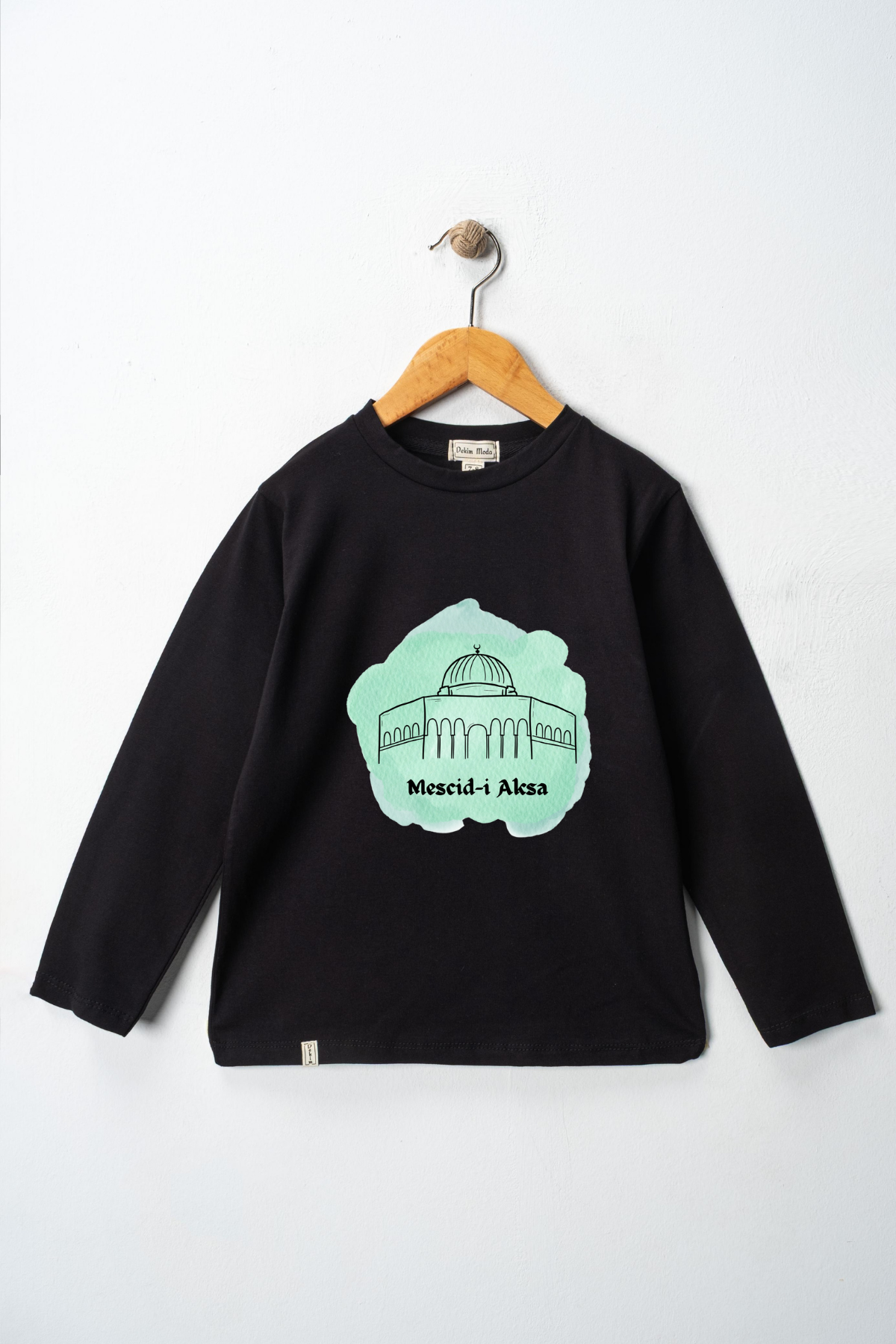 Yetişkin Uzun Kollu Bisiklet Yaka "Mescid-i Aksa" Baskılı Tişört Mevsimlik Pamuklu
