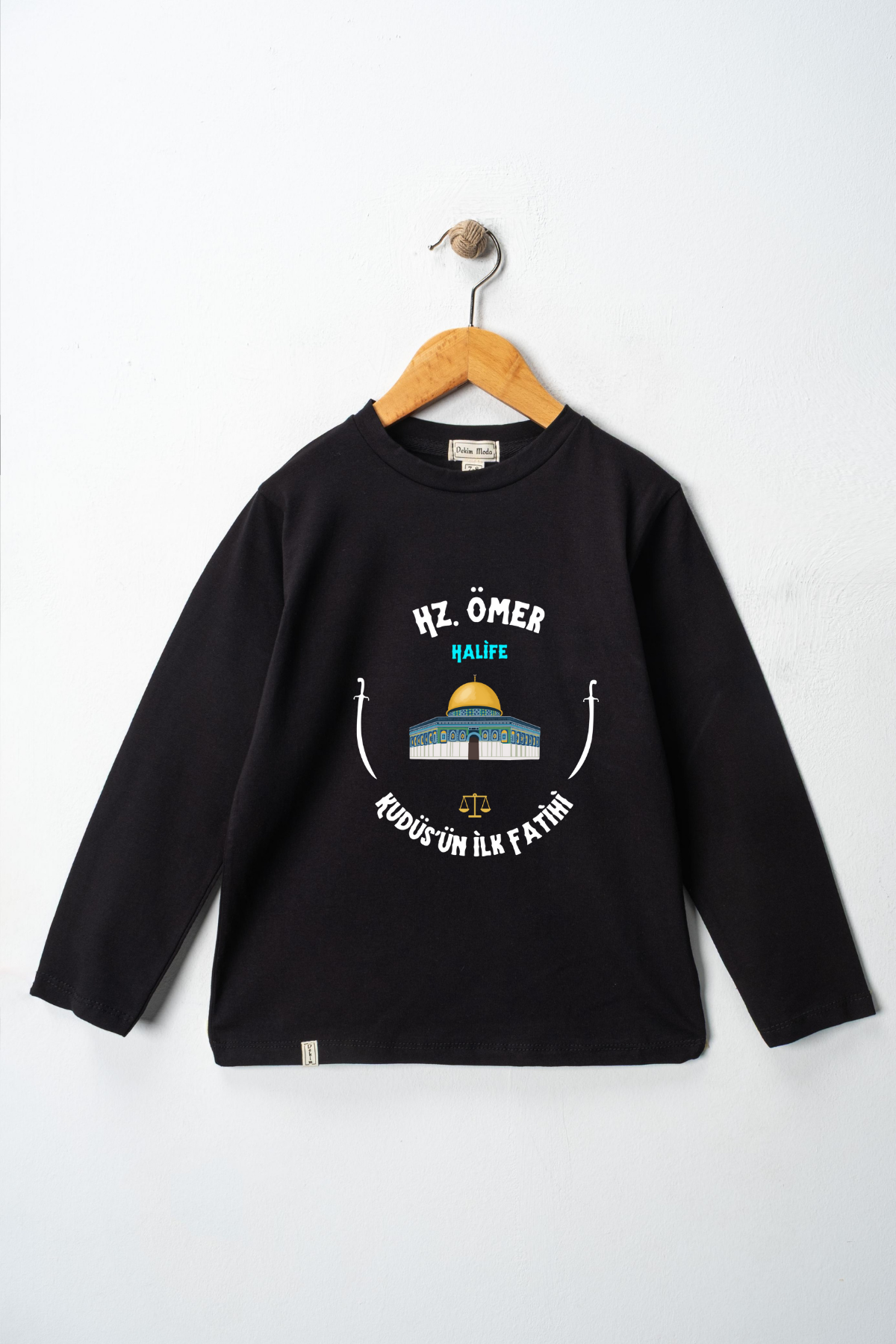 Yetişkin Uzun Kollu Bisiklet Yaka "Hz.Ömer"  Baskılı İslami Sahabe Tişört Mevsimlik Pamuklu