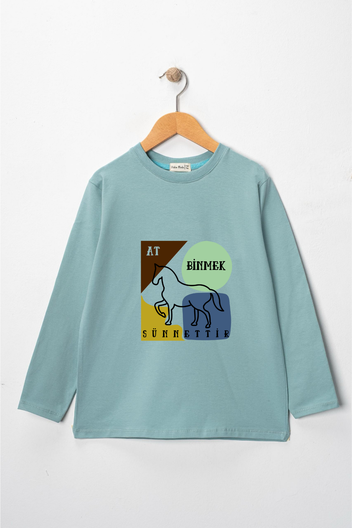 Kız Çocuk Uzun Kollu Bisiklet Yaka "At Binmek Sünnettir" Baskılı Tişört Mevsimlik Pamuklu