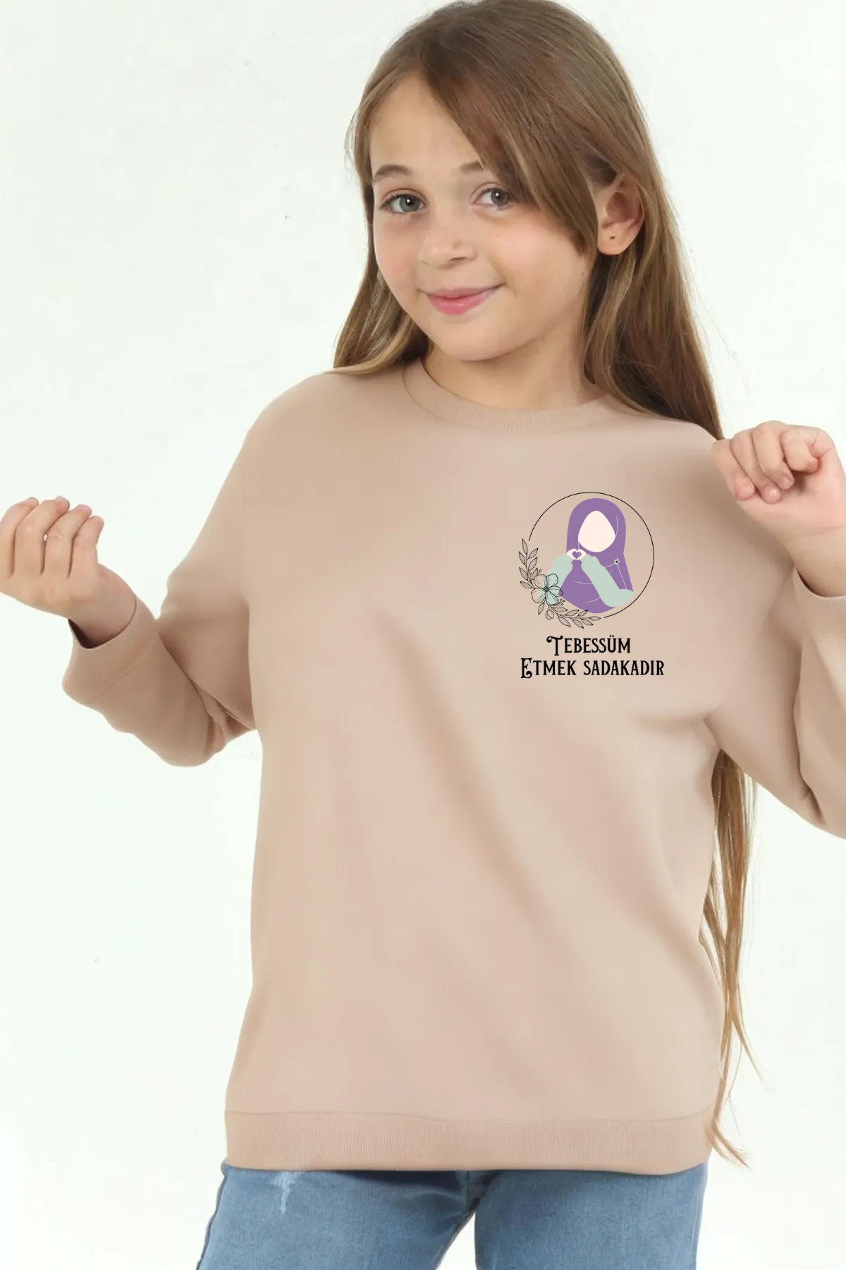 Kız Çocuk "Tebessüm Etmek Sadakadır" Baskılı Pamuklu Sweat