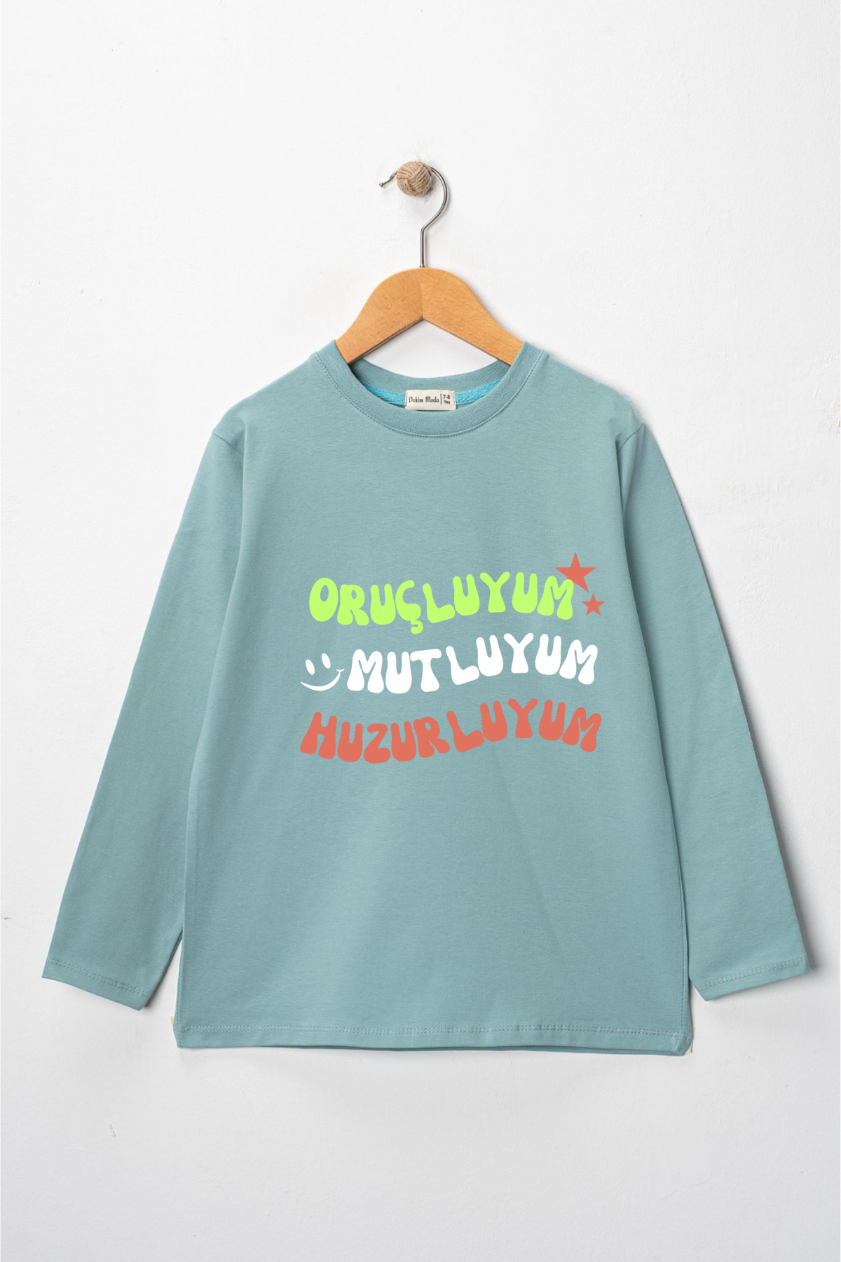 Kız Çocuk Uzun Kollu Bisiklet Yaka "Oruçluyum, Mutluyum" Baskılı Tişört Mevsimlik Pamuklu