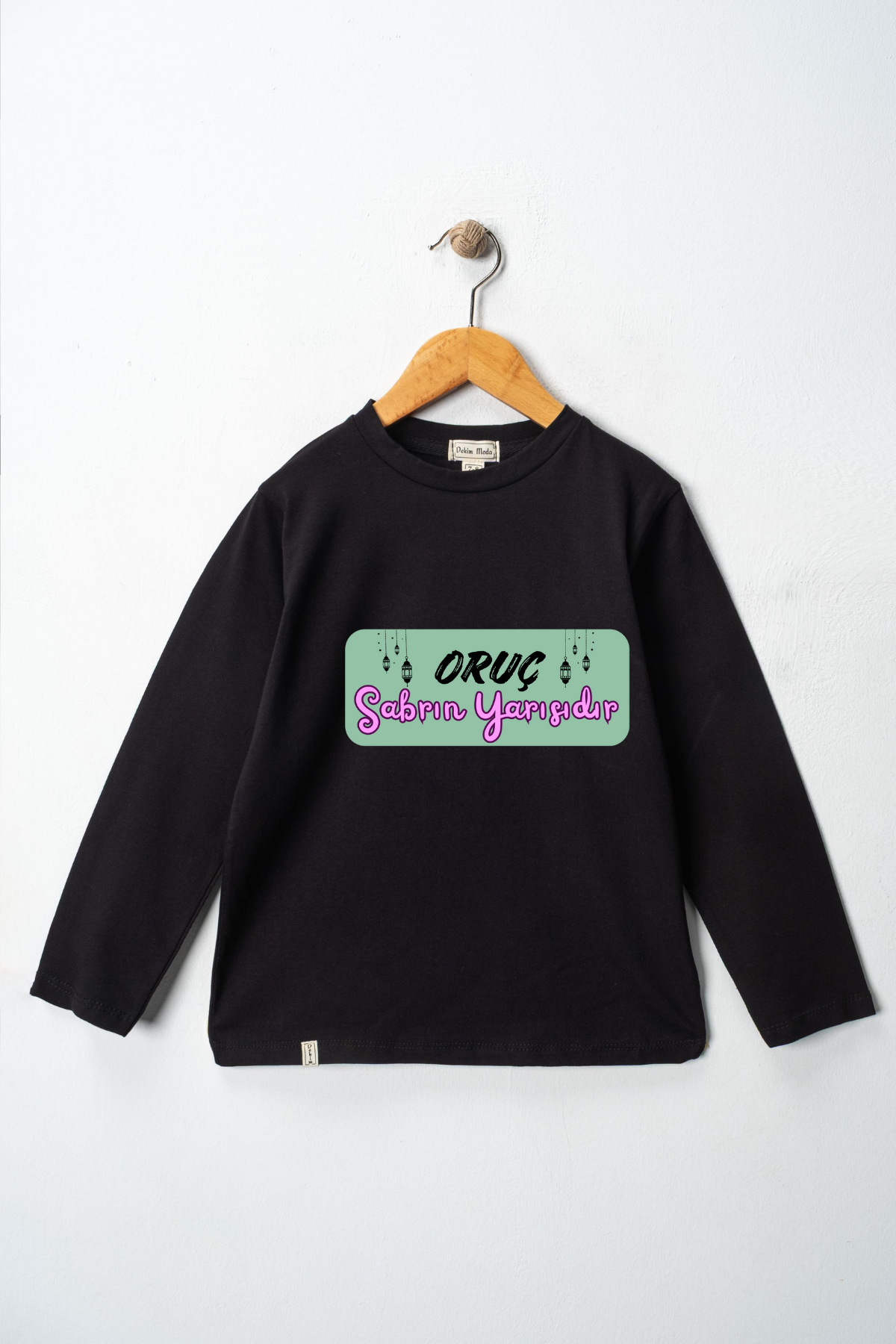 Yetişkin Uzun Kollu Bisiklet Yaka "Oruç Sabrın Yarısıdır"  Baskılı Tişört Mevsimlik Pamuklu