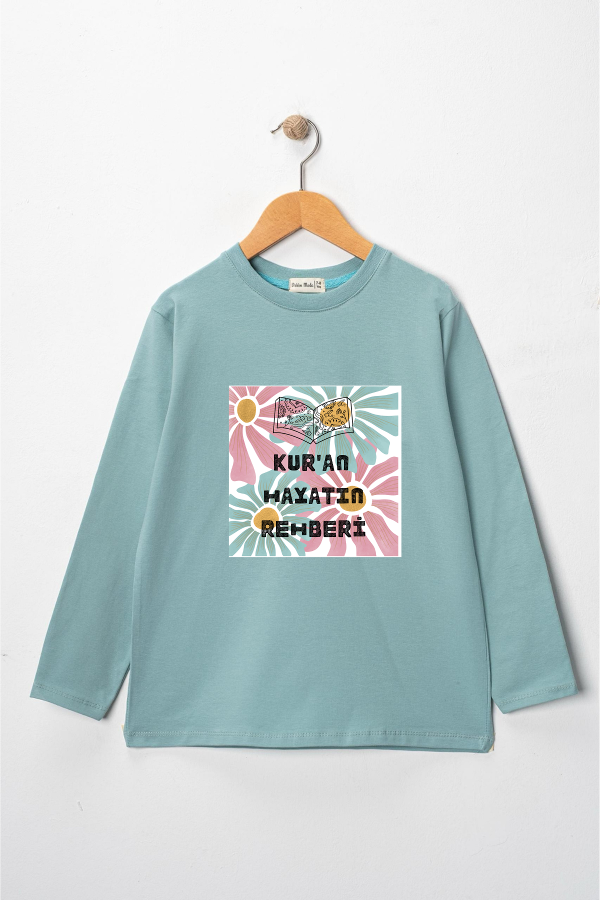 Kız Çocuk Uzun Kollu Bisiklet Yaka "Kuran Hayatın Rehberi" Baskılı Tişört Mevsimlik Pamuklu