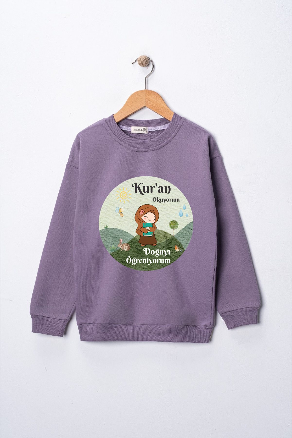 Kız Çocuk "Kuran Okuyorum, Doğayı Çok Seviyorum" Baskılı Pamuklu Sweat