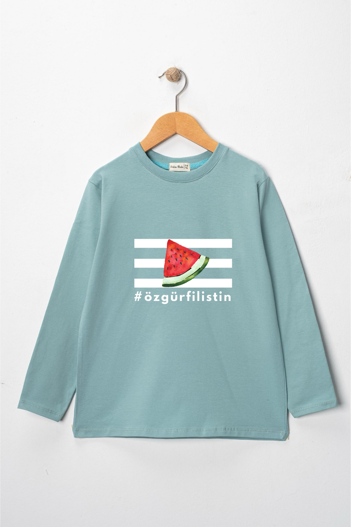 Kız Çocuk Uzun Kollu Bisiklet Yaka "Özgür Filistin" Baskılı Tişört Mevsimlik Pamuklu