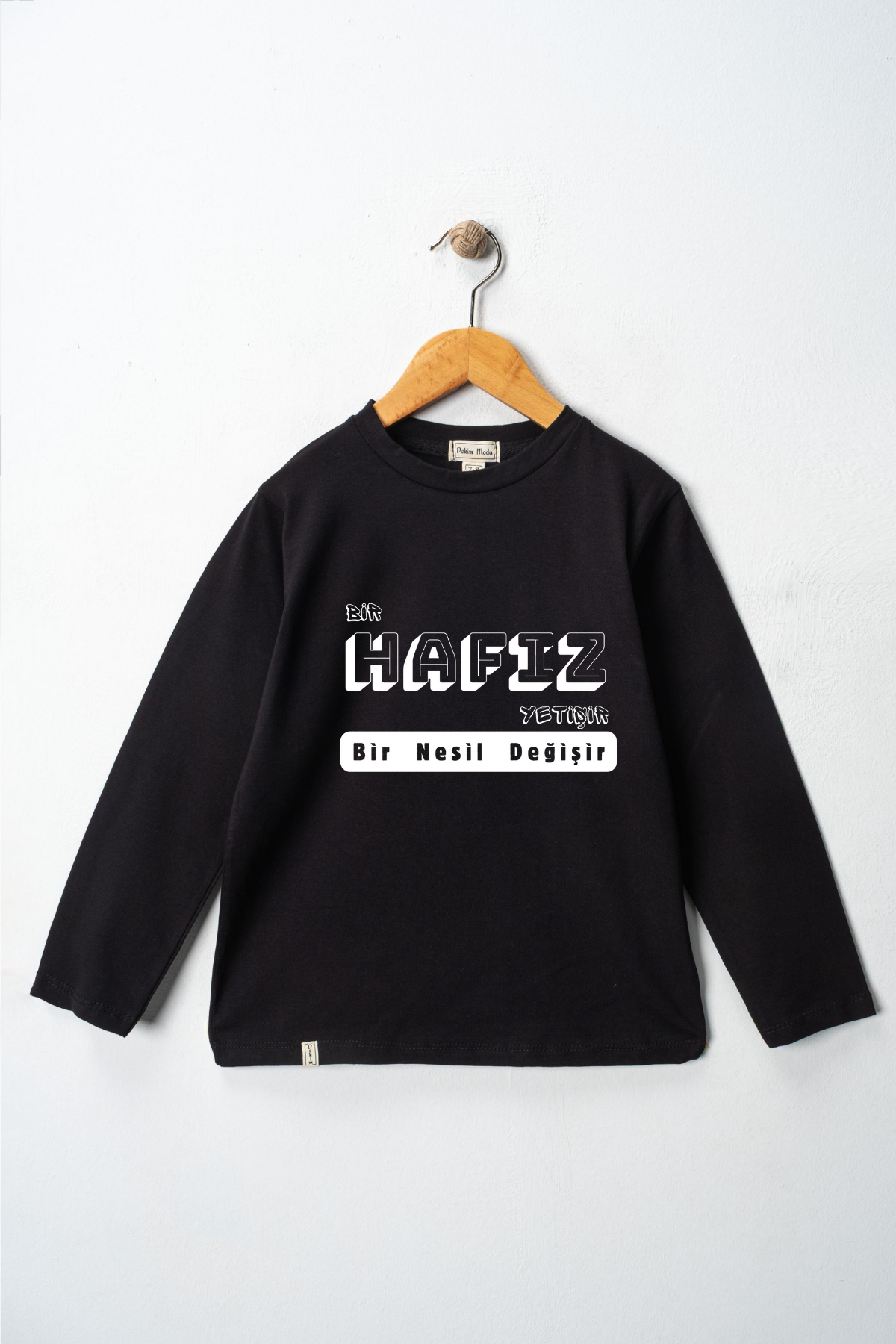 Yetişkin Uzun Kollu Bisiklet Yaka "Bir Hafız Yetişir Bir Nesil Değişir"  Baskılı Tişört Mevsimlik Pamuklu