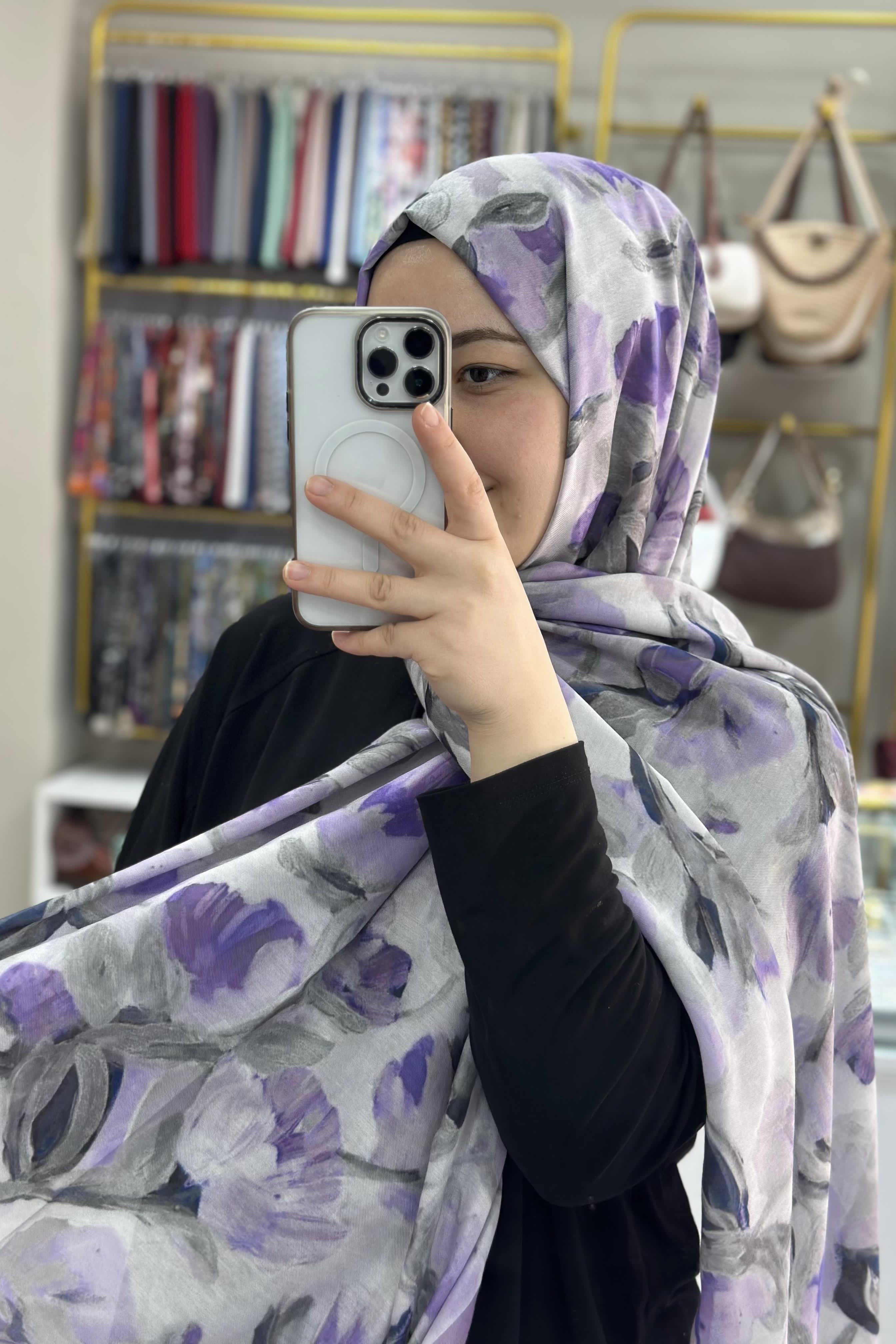 Lila Çiçekli Soft Şal