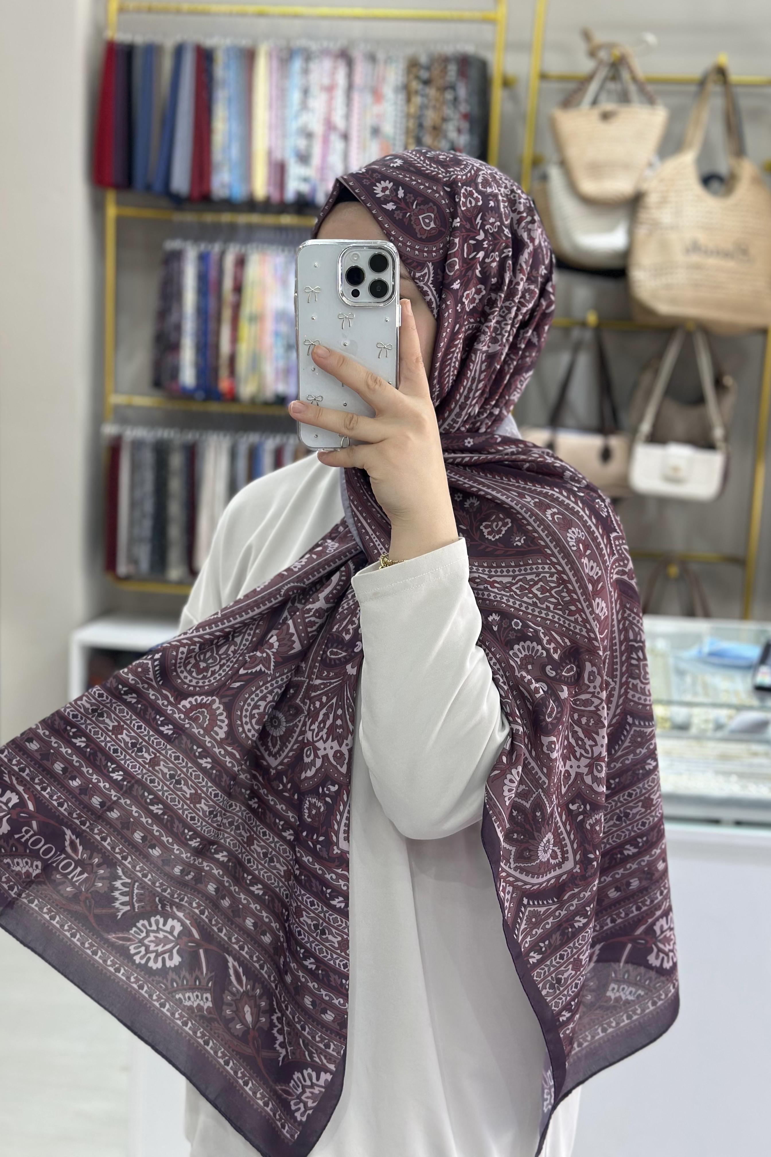 Bordo Etnik Desenli Soft Şal