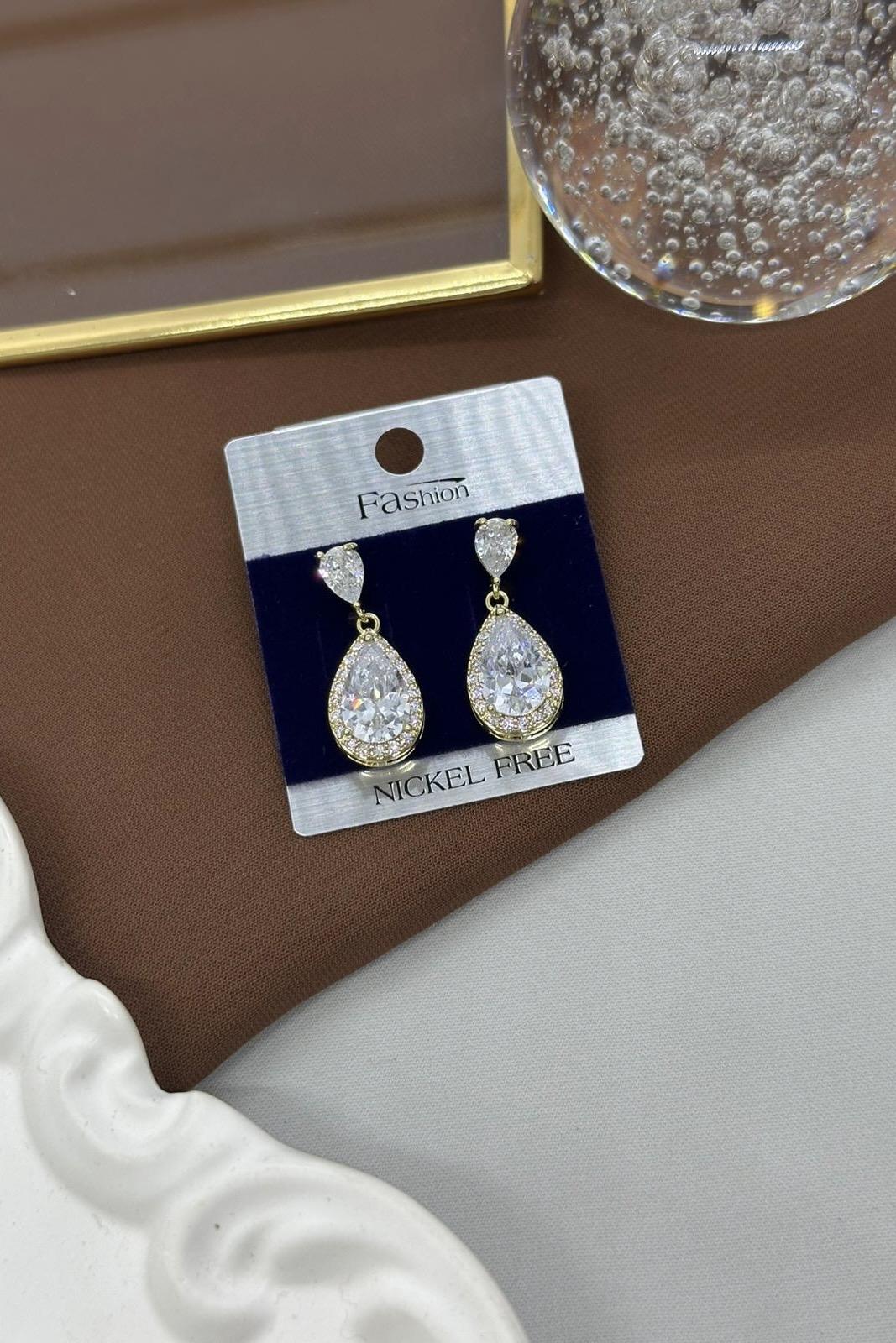 Damla Model Gold Taşlı Küpe