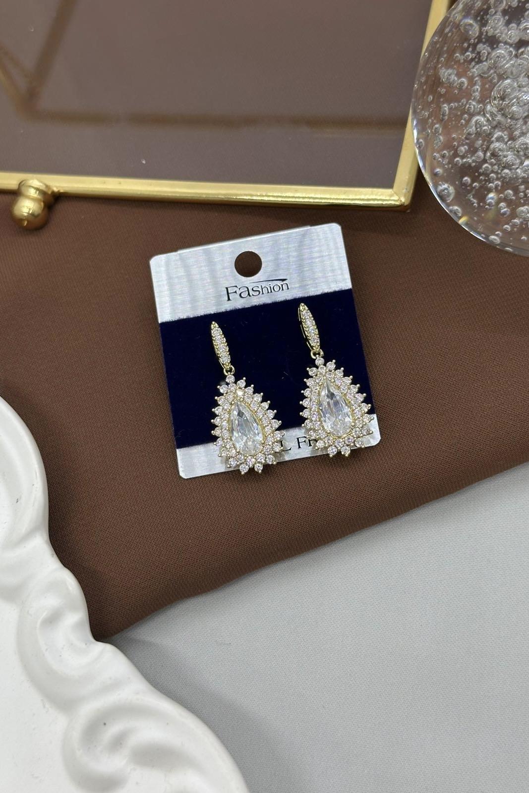 Taşlı Damla Model Gold Küpe