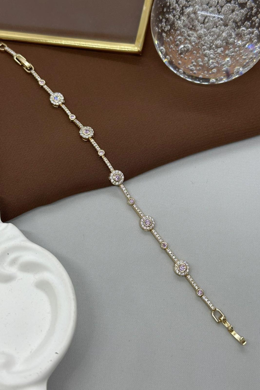 Pembe Taşlı Gold Vıp Bileklik