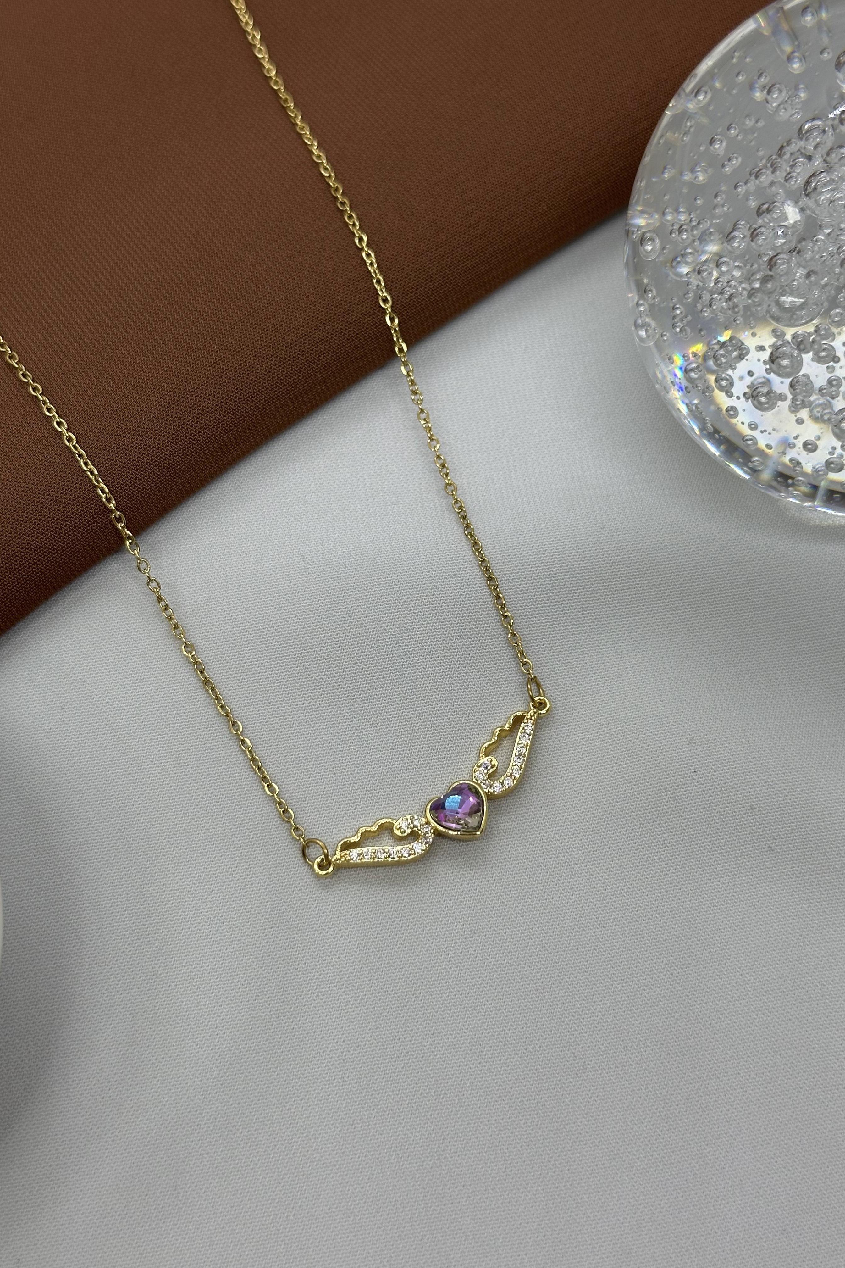 Kanatlı Mor Kalp Gold Çelik Kolye