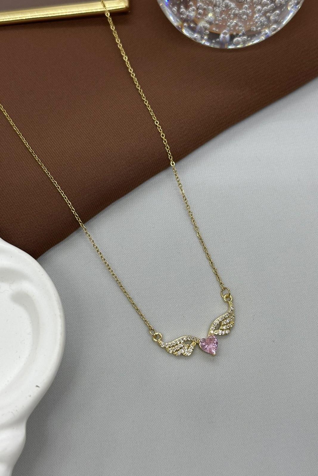 Kanatlı Pembe Kalp Gold Çelik Kolye