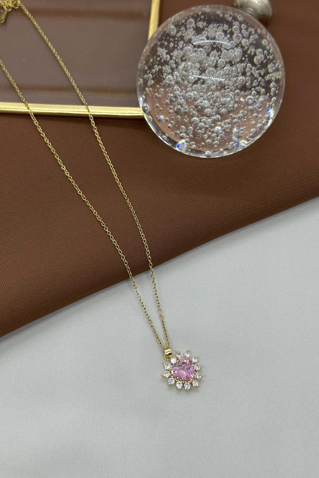 Taşlı Pembe Kalp Gold Çelik Kolye