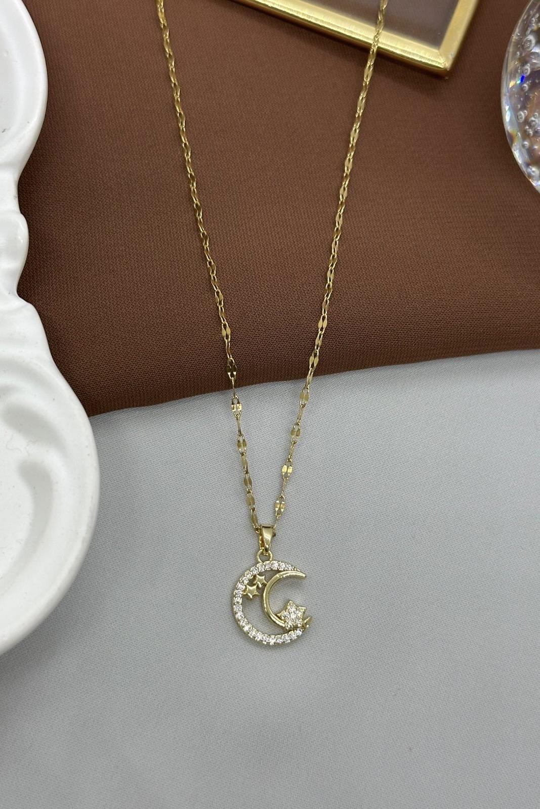 Ay Ve Yıldız Model Gold Taşlı Çelik Kolye