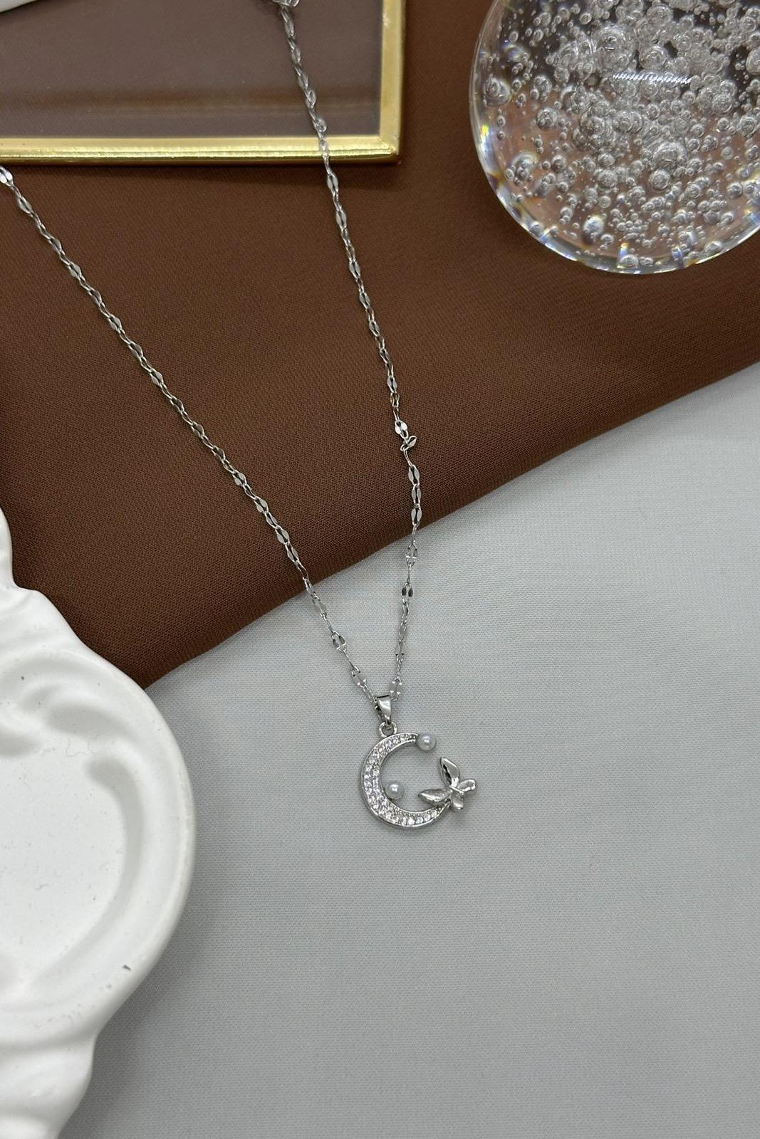 Ay-Kelebek Model Sılver Çelik Kolye