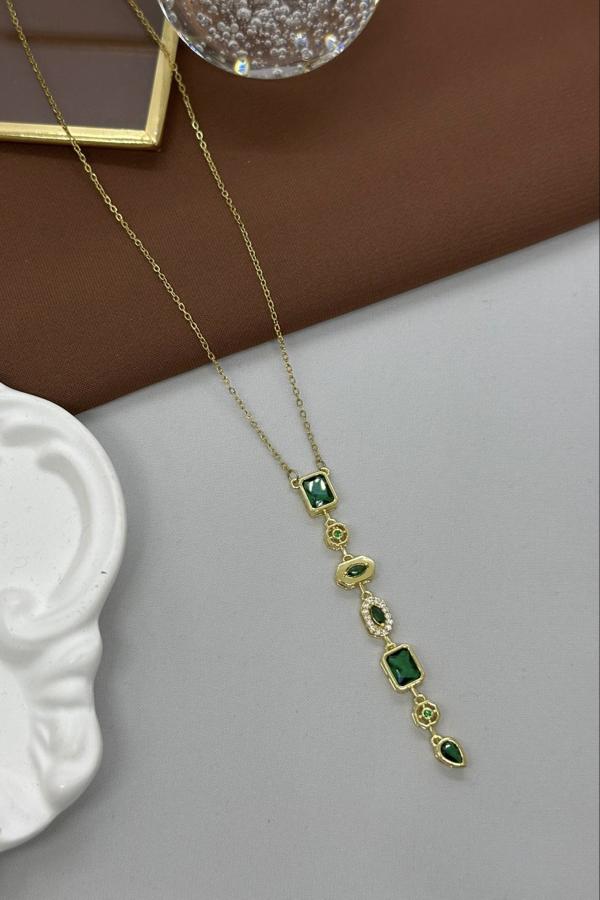 Yeşil Taşlı Gold Çelik Y Kolye
