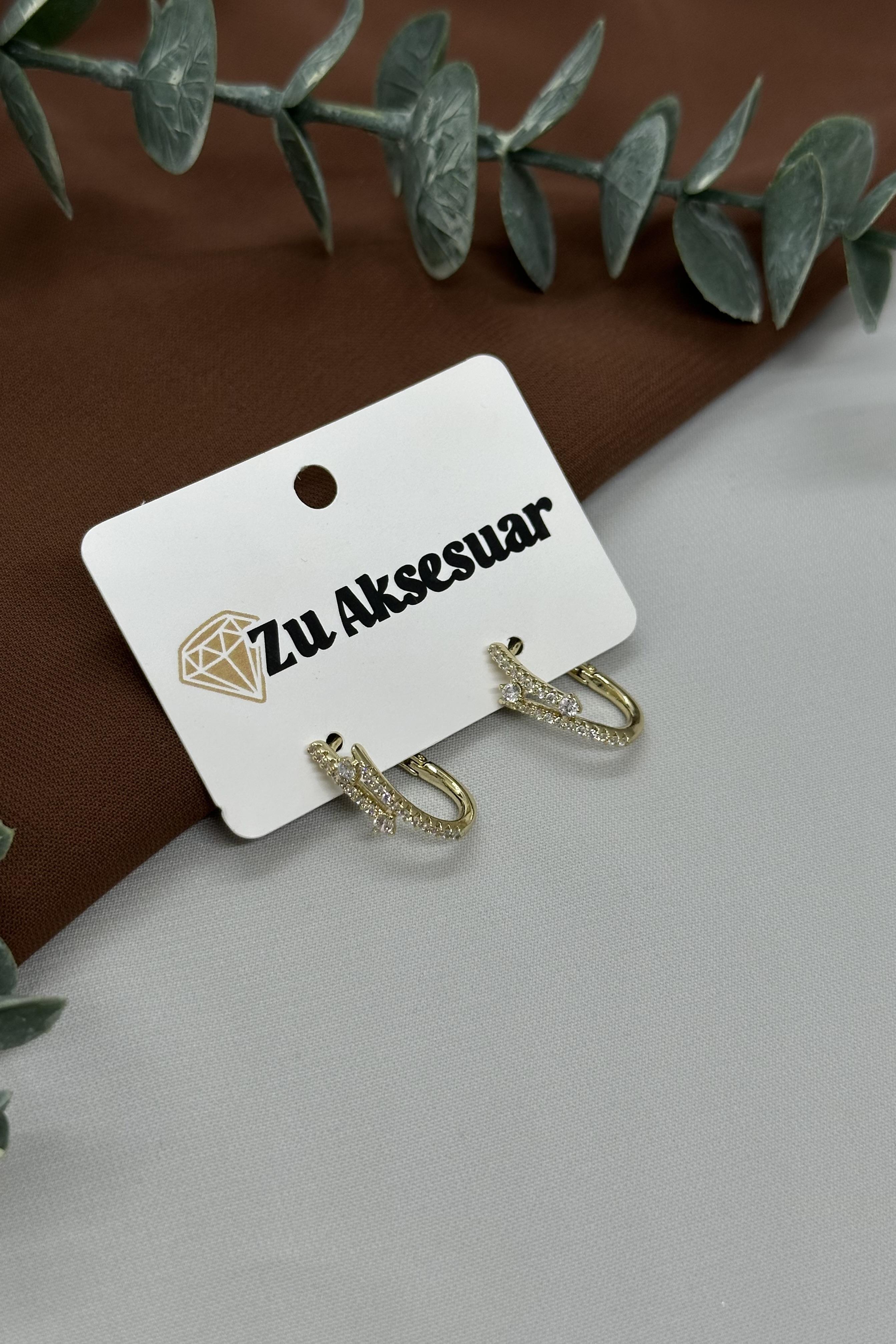 İkili Görünümlü Taşlı Gold Vıp Küpe