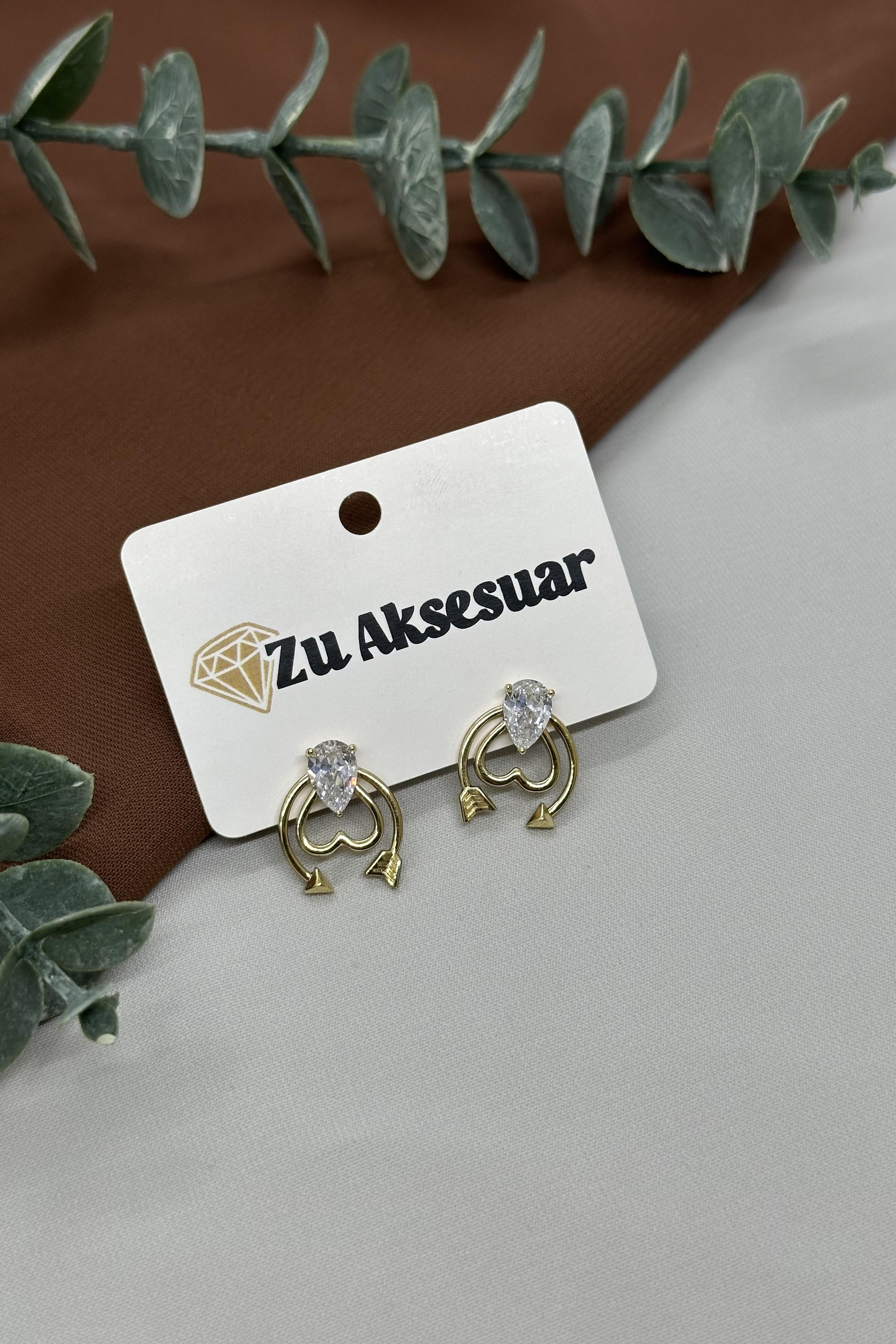 Taşlı Kalp Model Gold Vıp Küpe