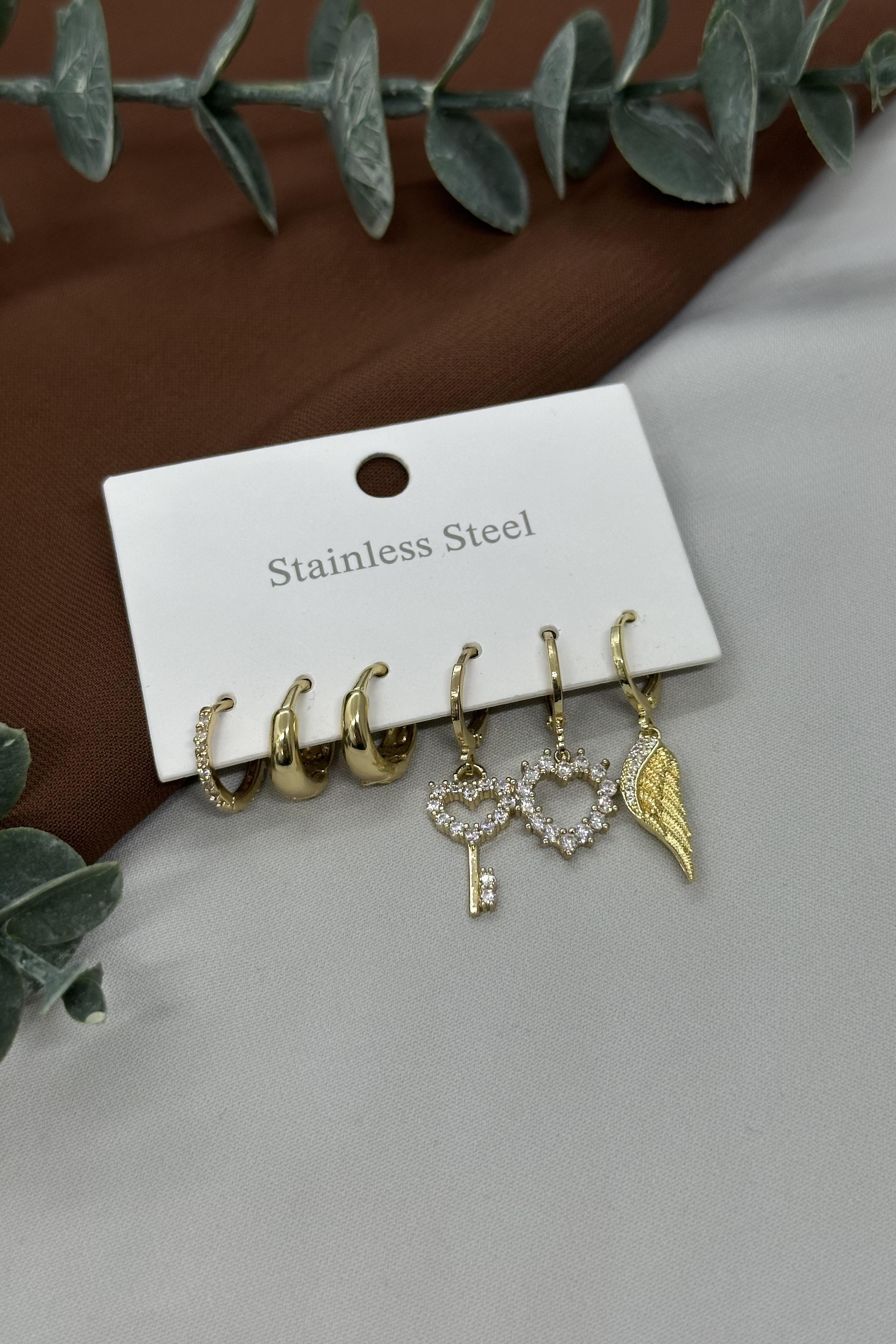 Gold Çoklu Çelik Küpe Set