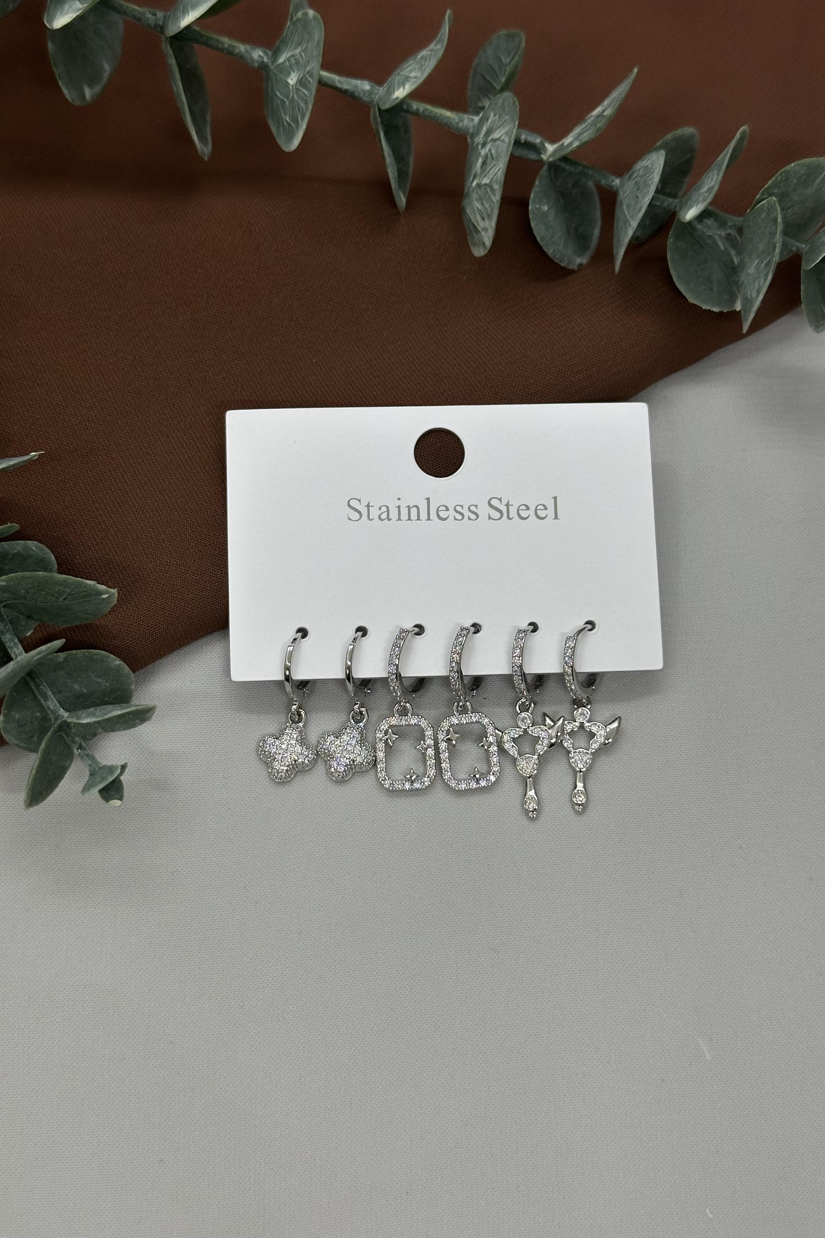 Sılver Çelik Çoklu Küpe Set