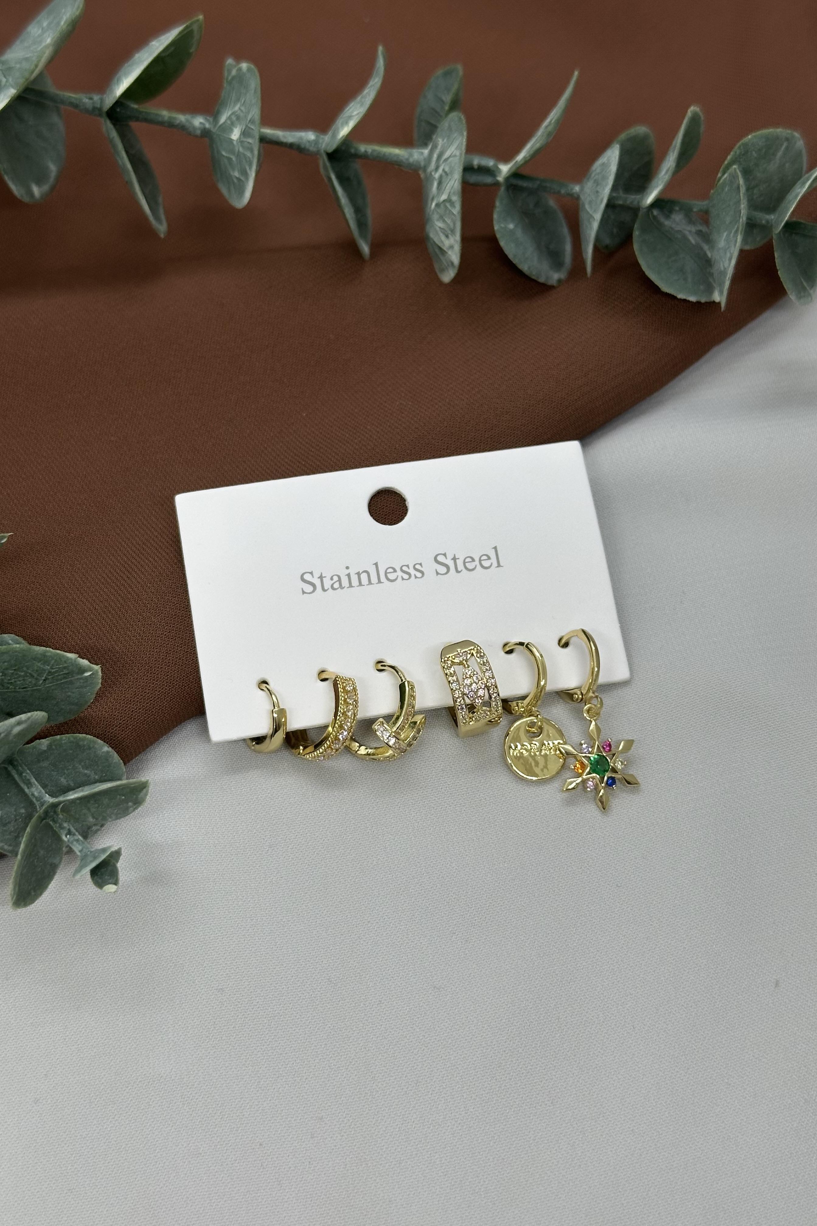 Gold Çoklu Çelik Küpe Set