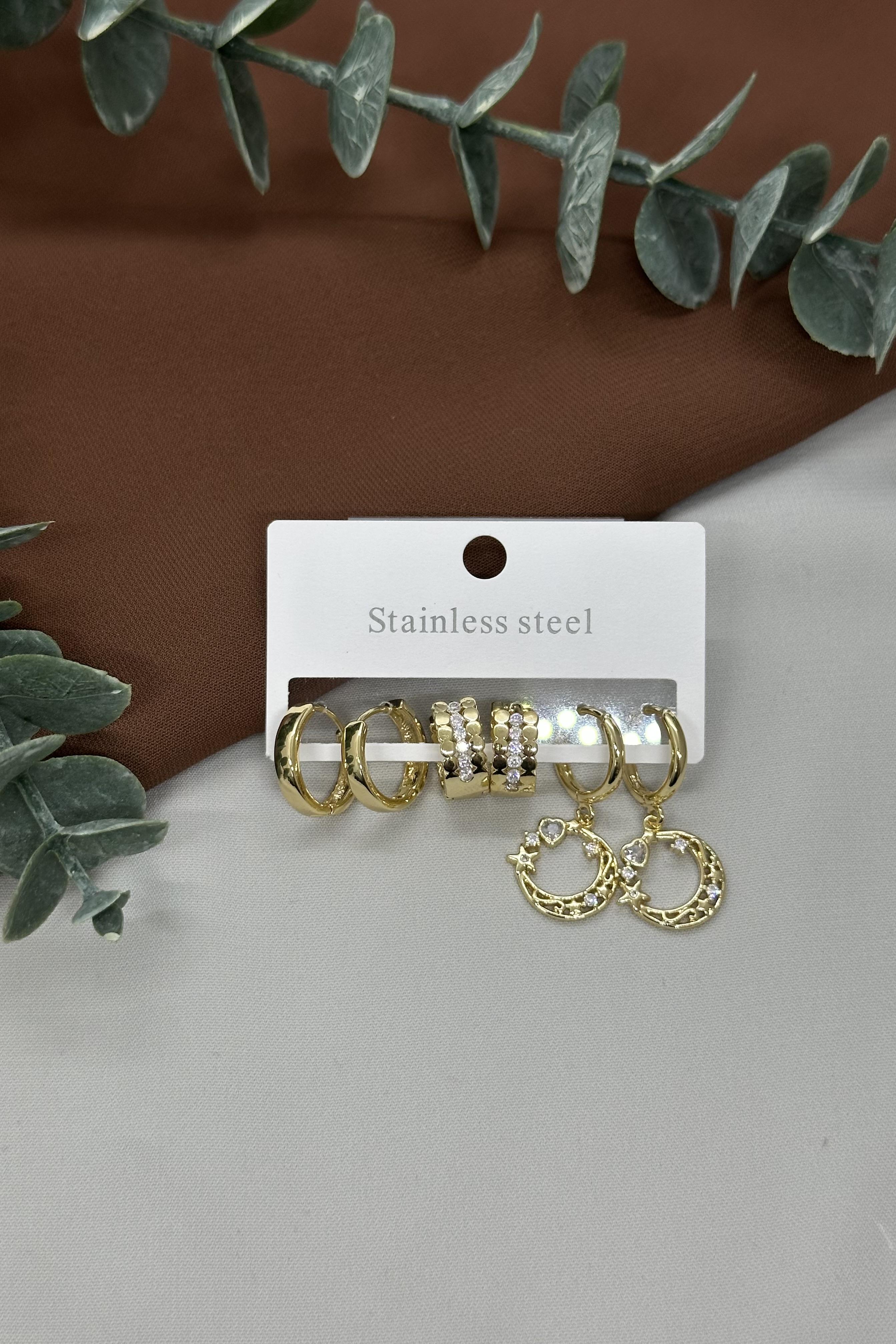 Gold Çoklu Çelik Küpe Set