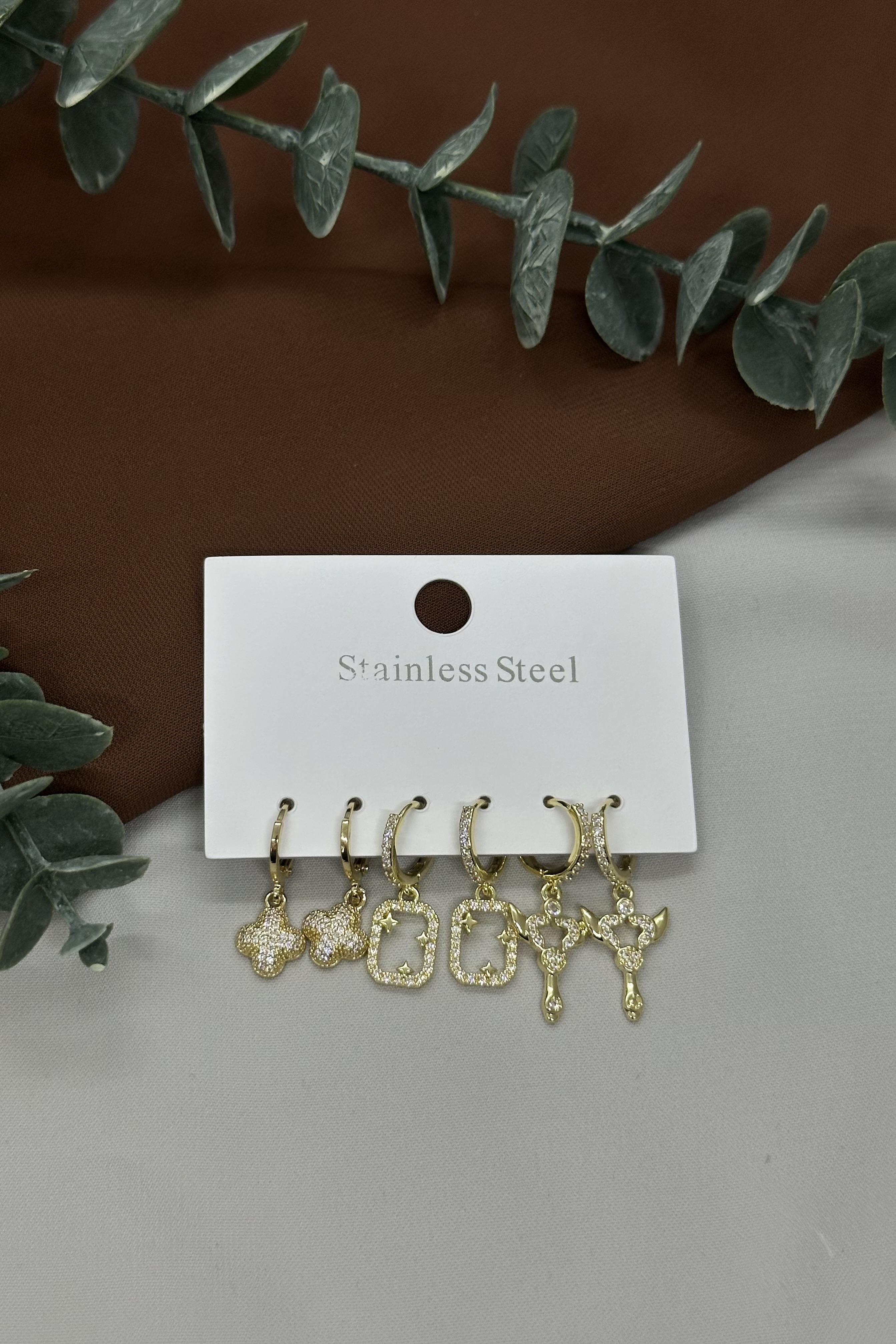 Gold Çoklu Çelik Küpe Set