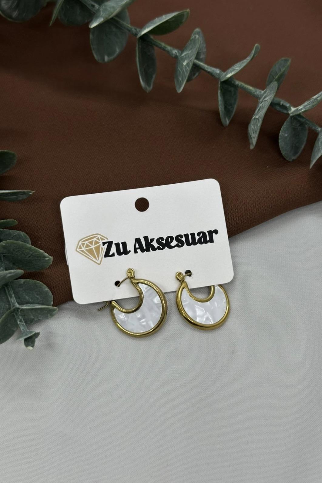 Beyaz Taşlı Gold Çelik Küpe