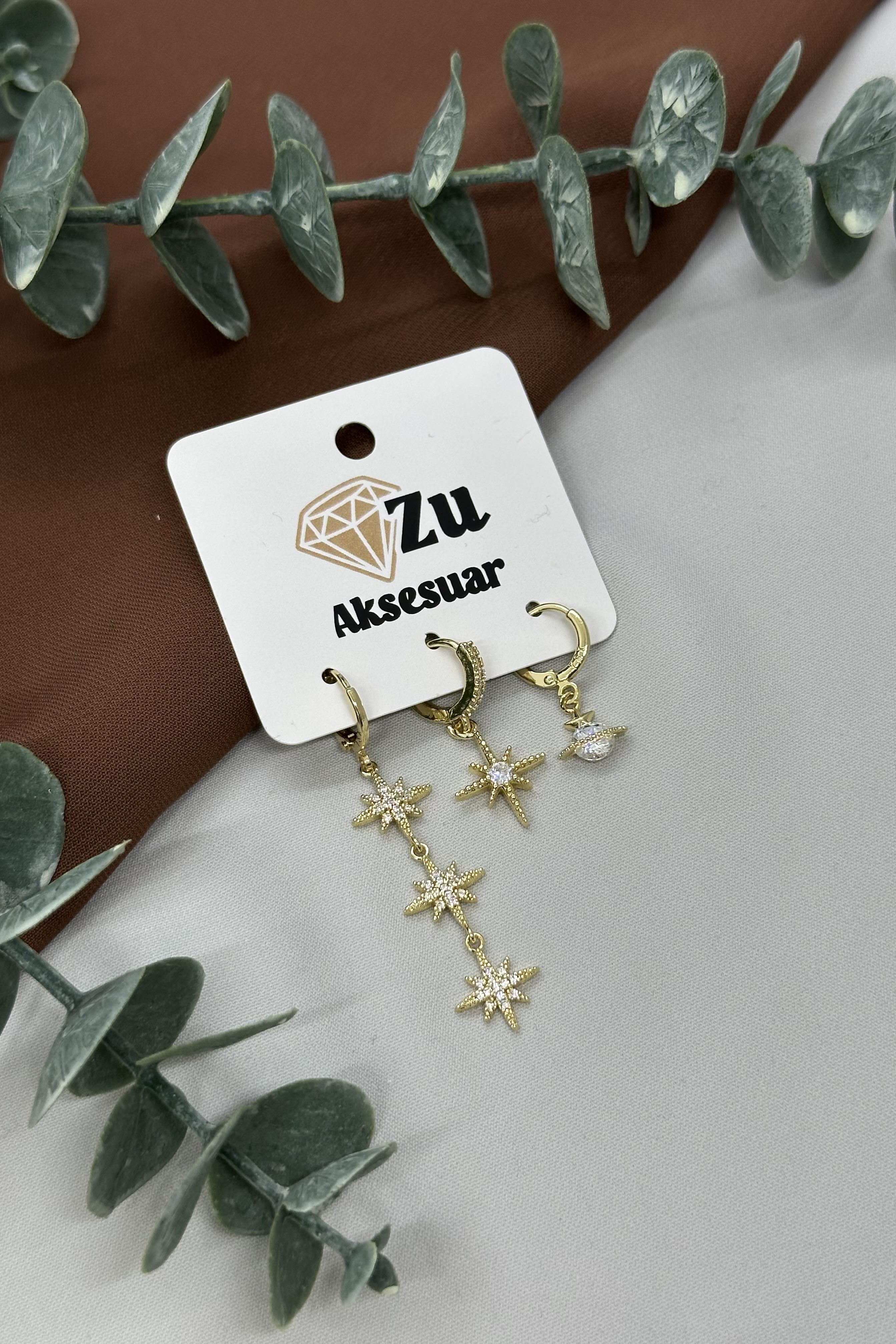 Yıldız Sallantılı Gold Vıp Küpe Set