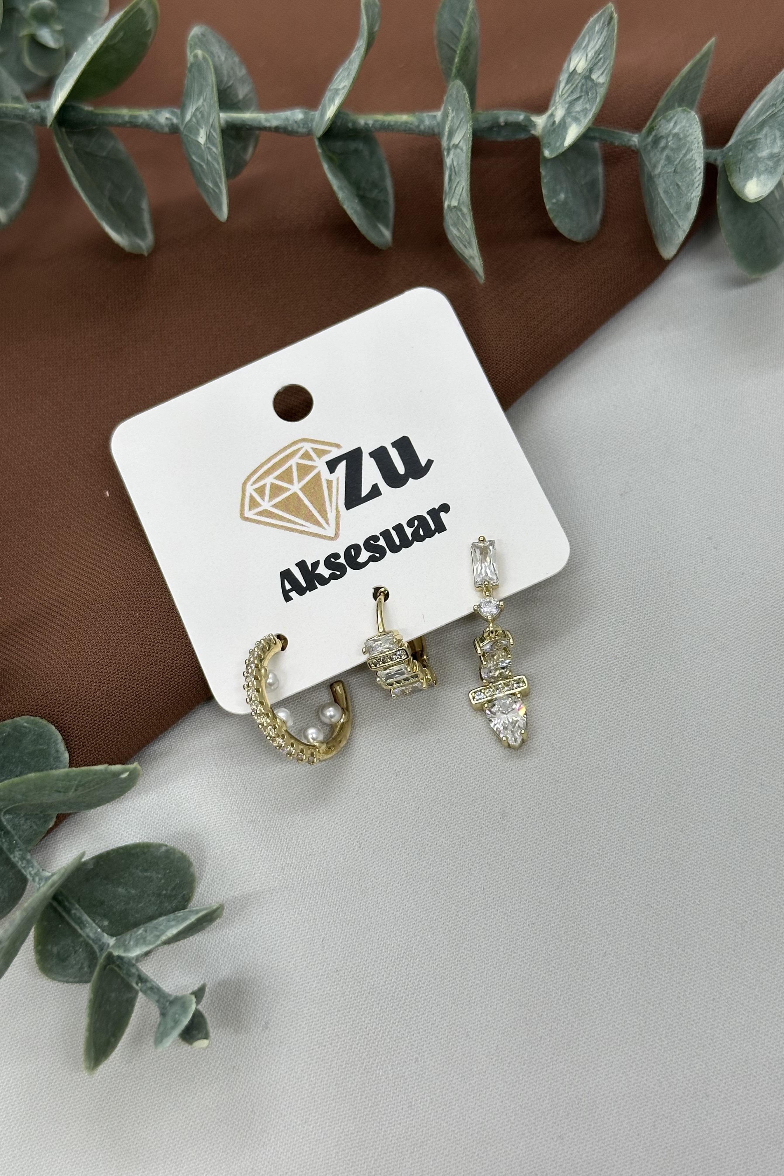 Gold Vıp Üçlü Küpe Set