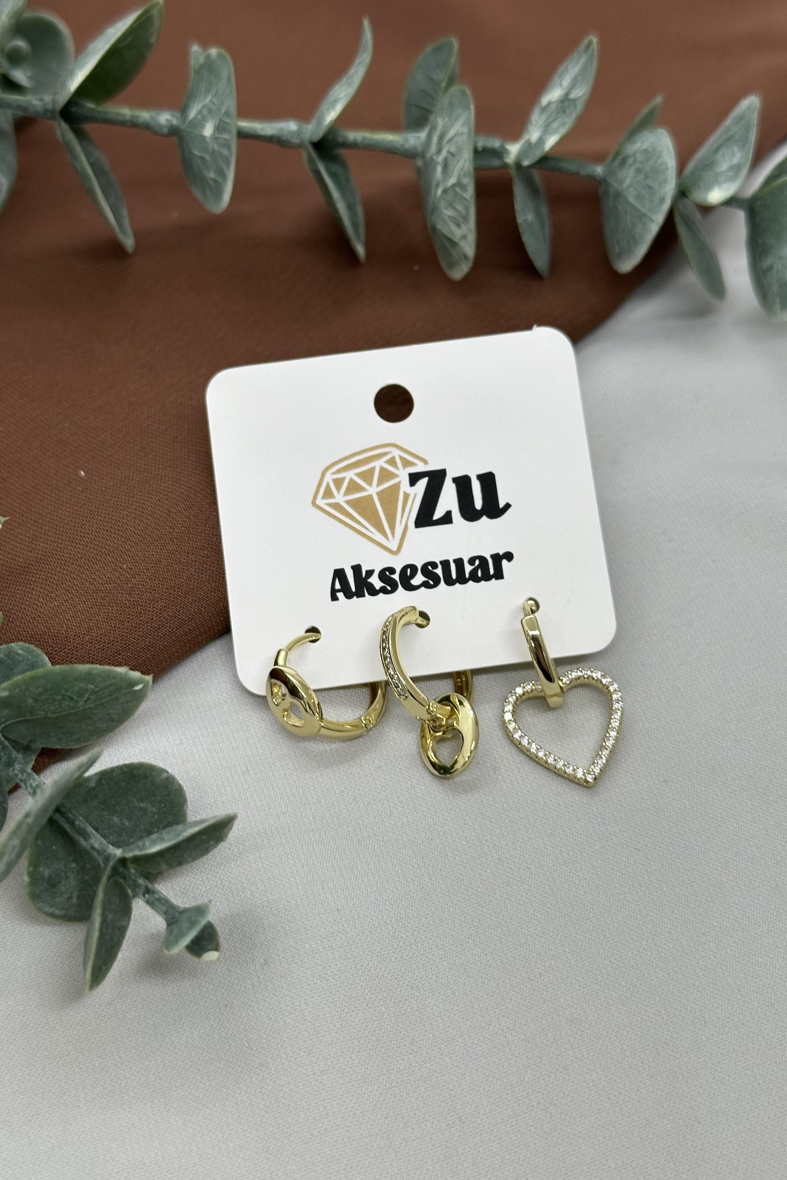 Kalp Üçlü Gold Vıp Küpe Set