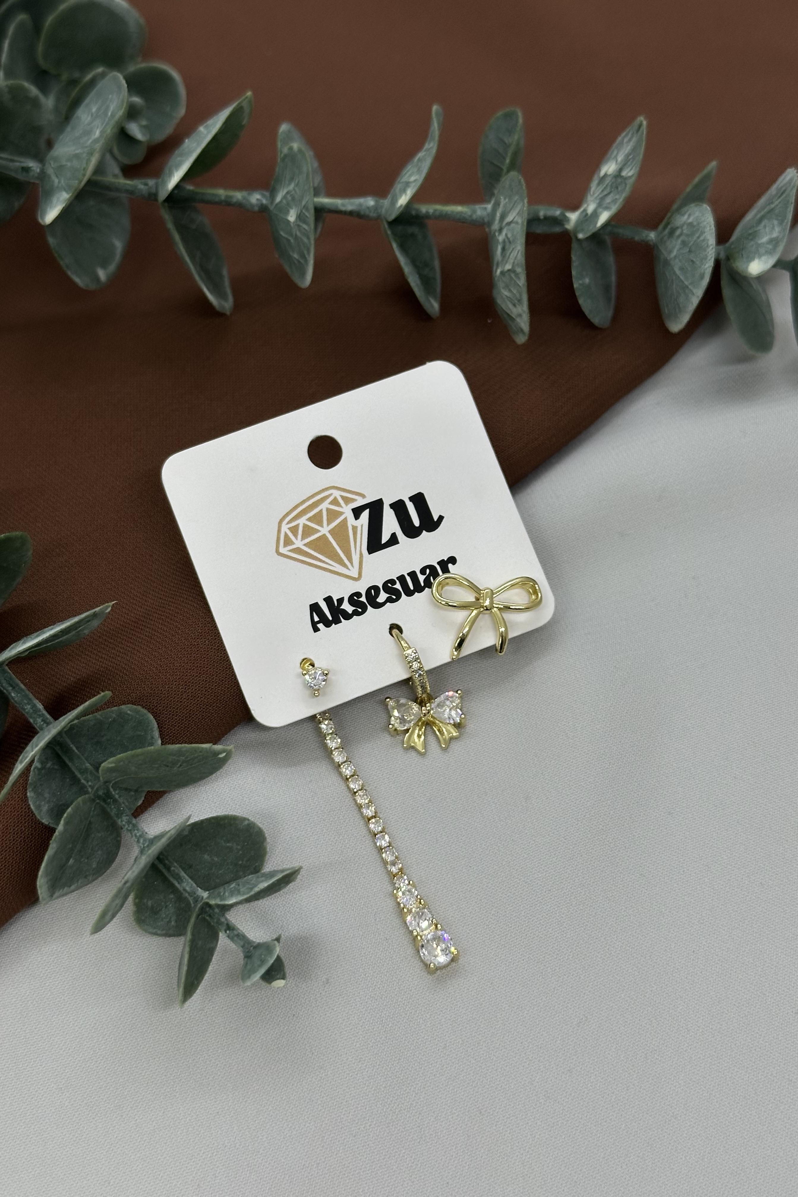 Gold Üçlü Vıp Küpe Set