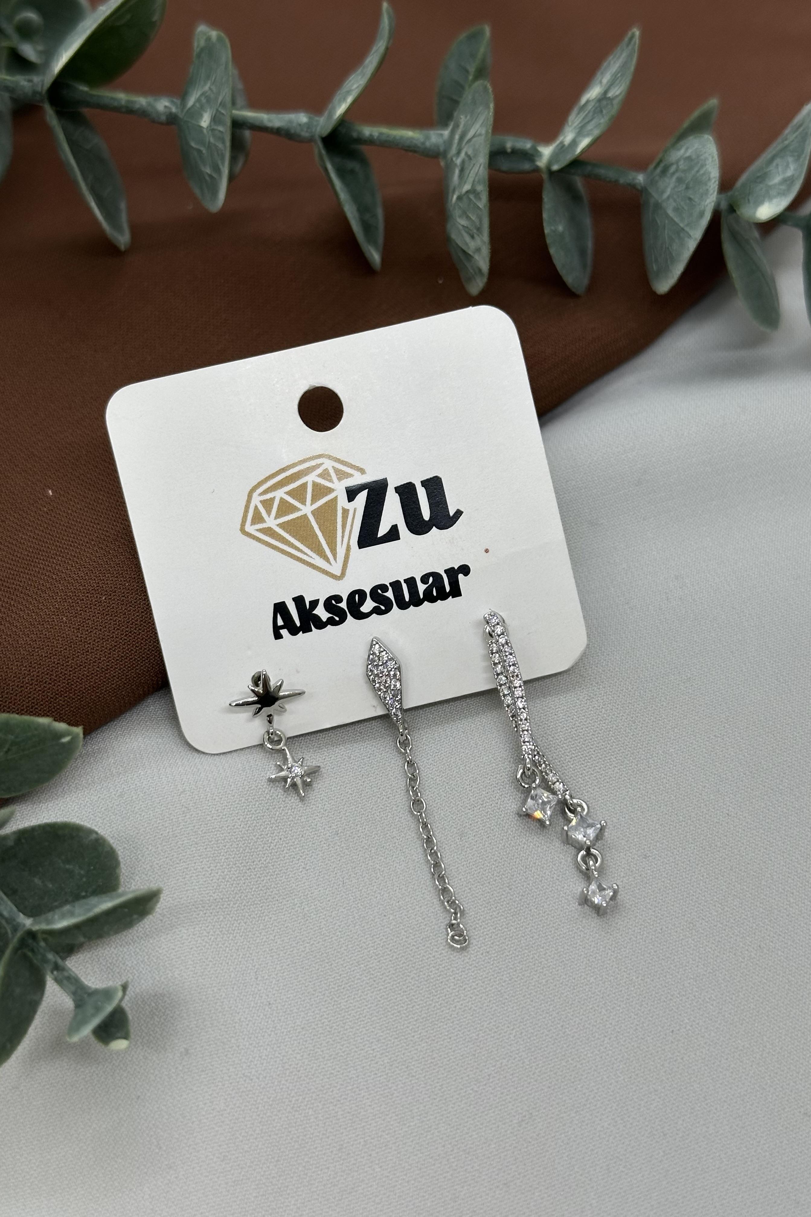 Üçlü Sılver Vıp Küpe Set