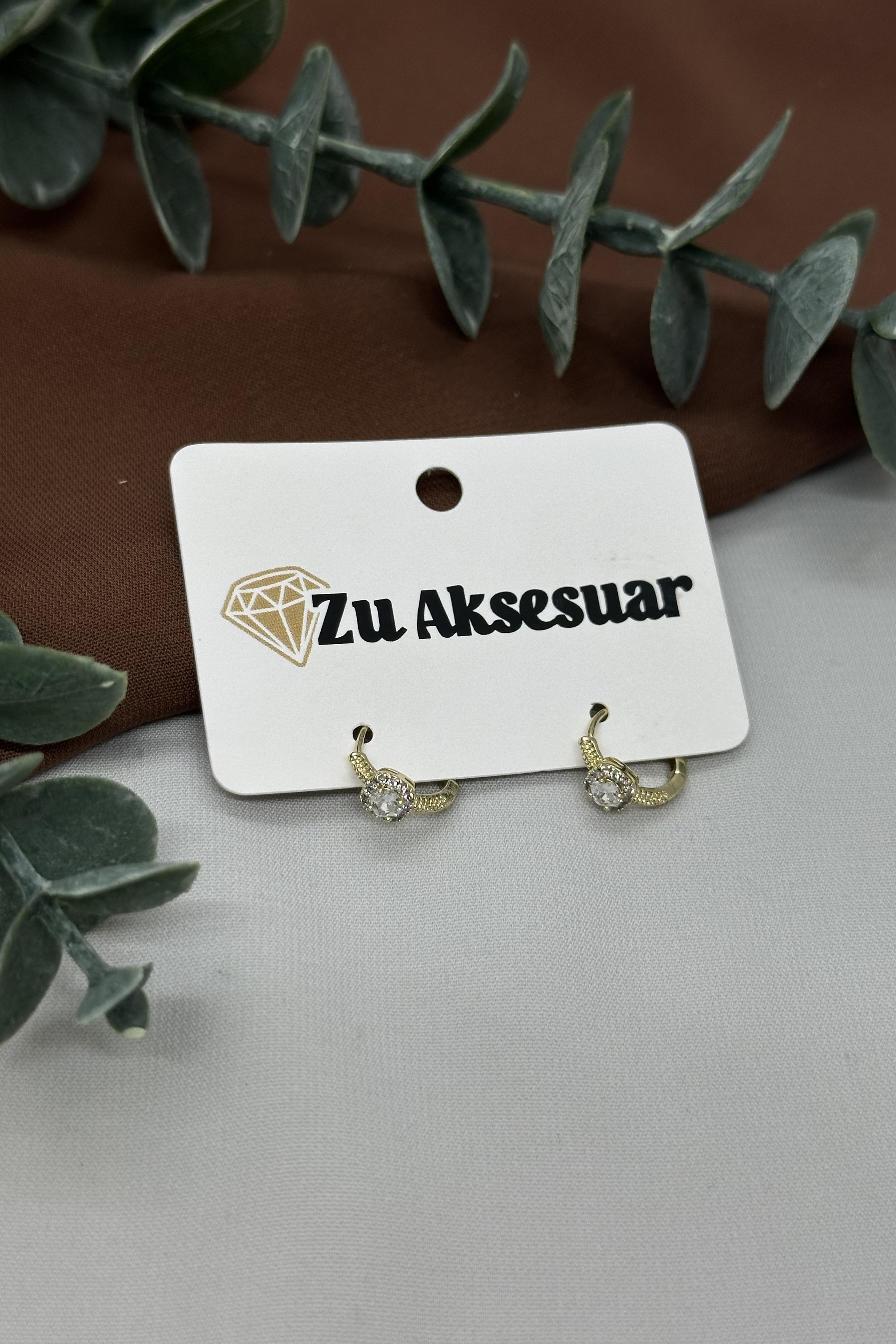 Mini Baget Taşlı Gold Halka Vıp Küpe