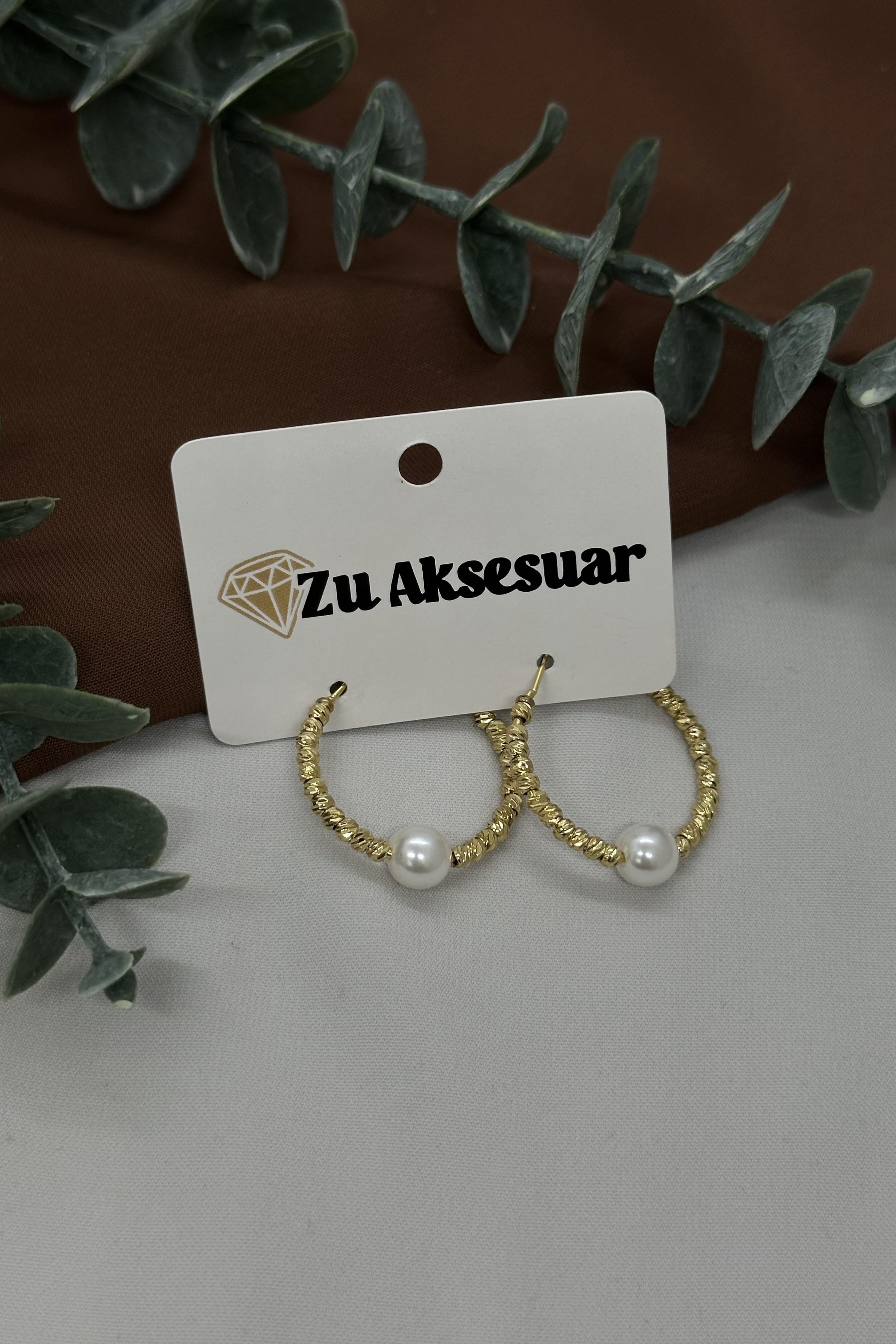 İncili Halka Model Gold Çelik Küpe