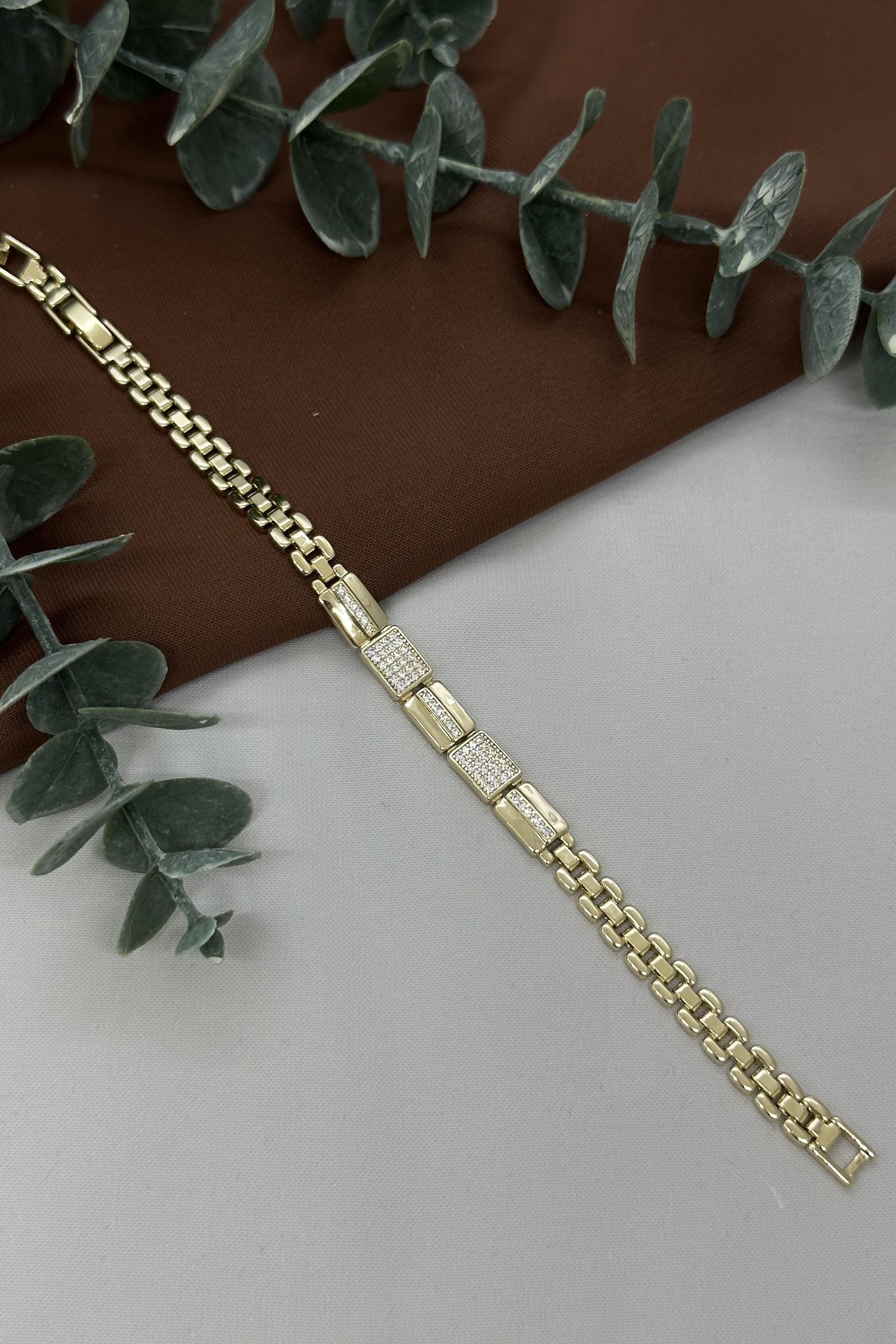 Taşlı Kordon Model Gold Vıp Bileklik