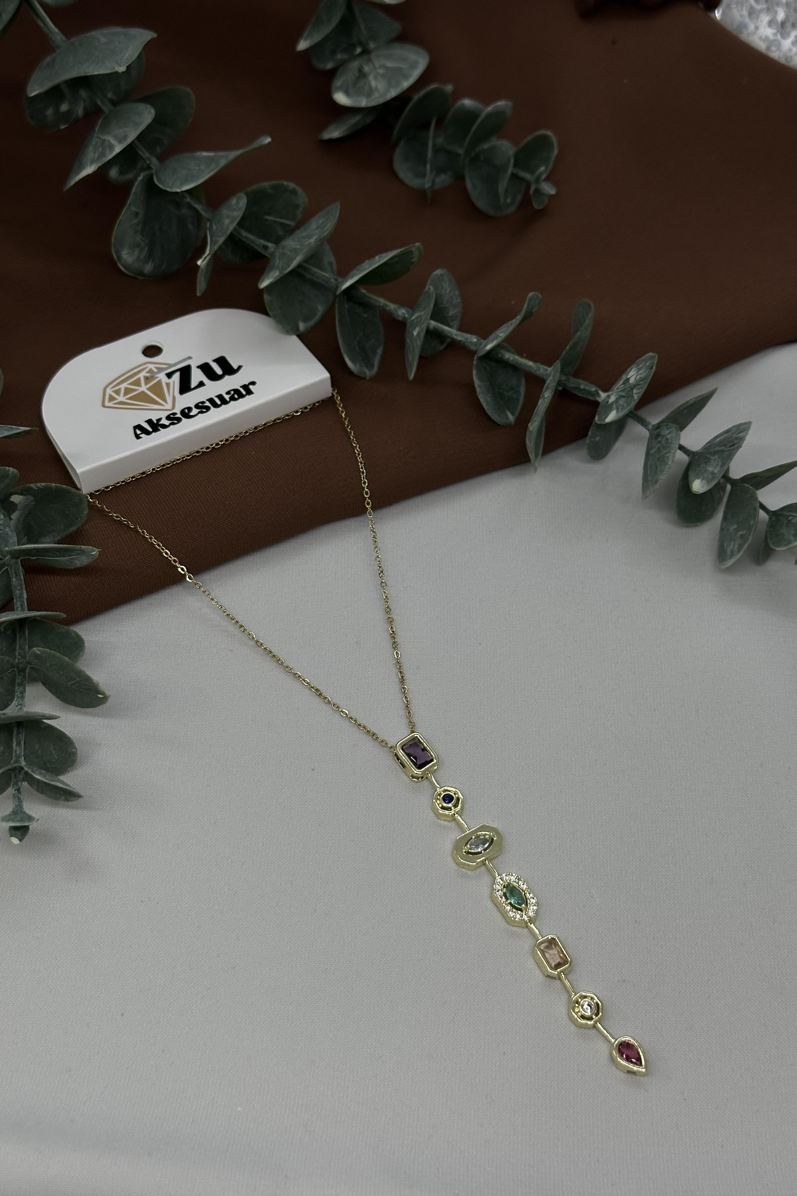 Renkli Taşlı Çelik Gold Y Kolye