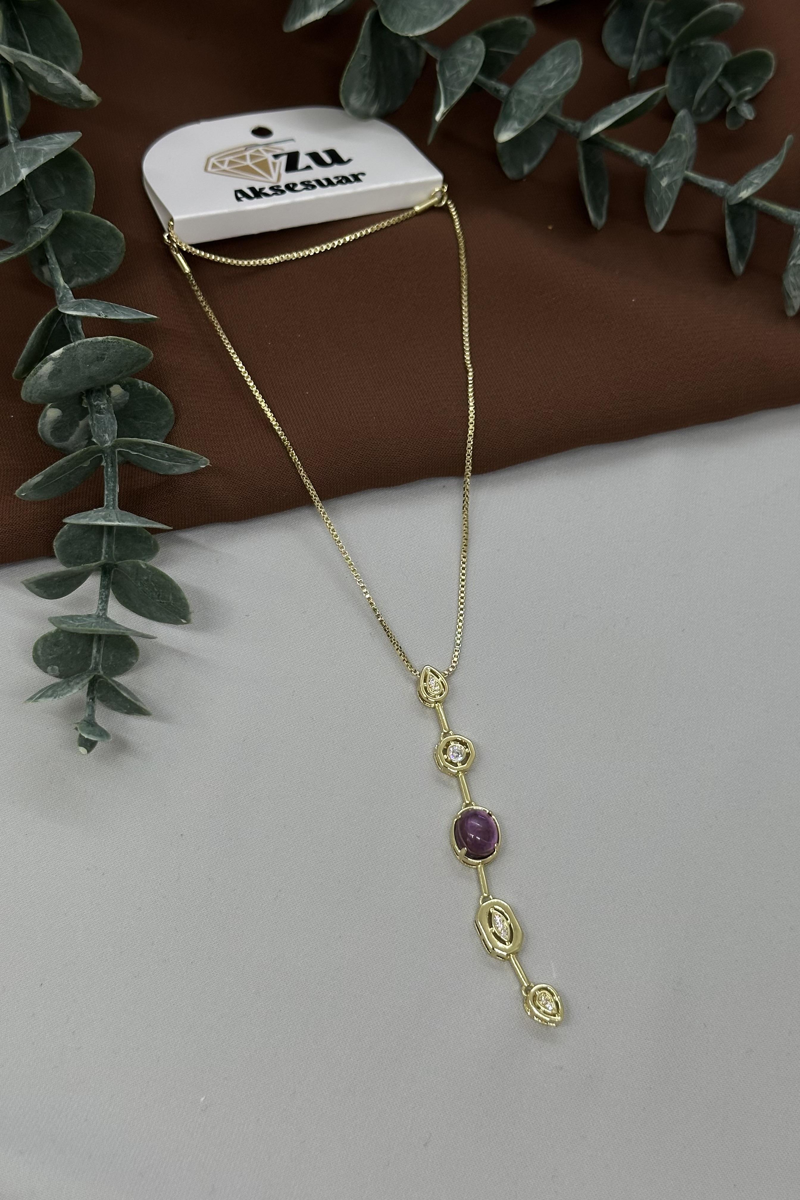Mor Taşlı Gold Çelik Y Kolye