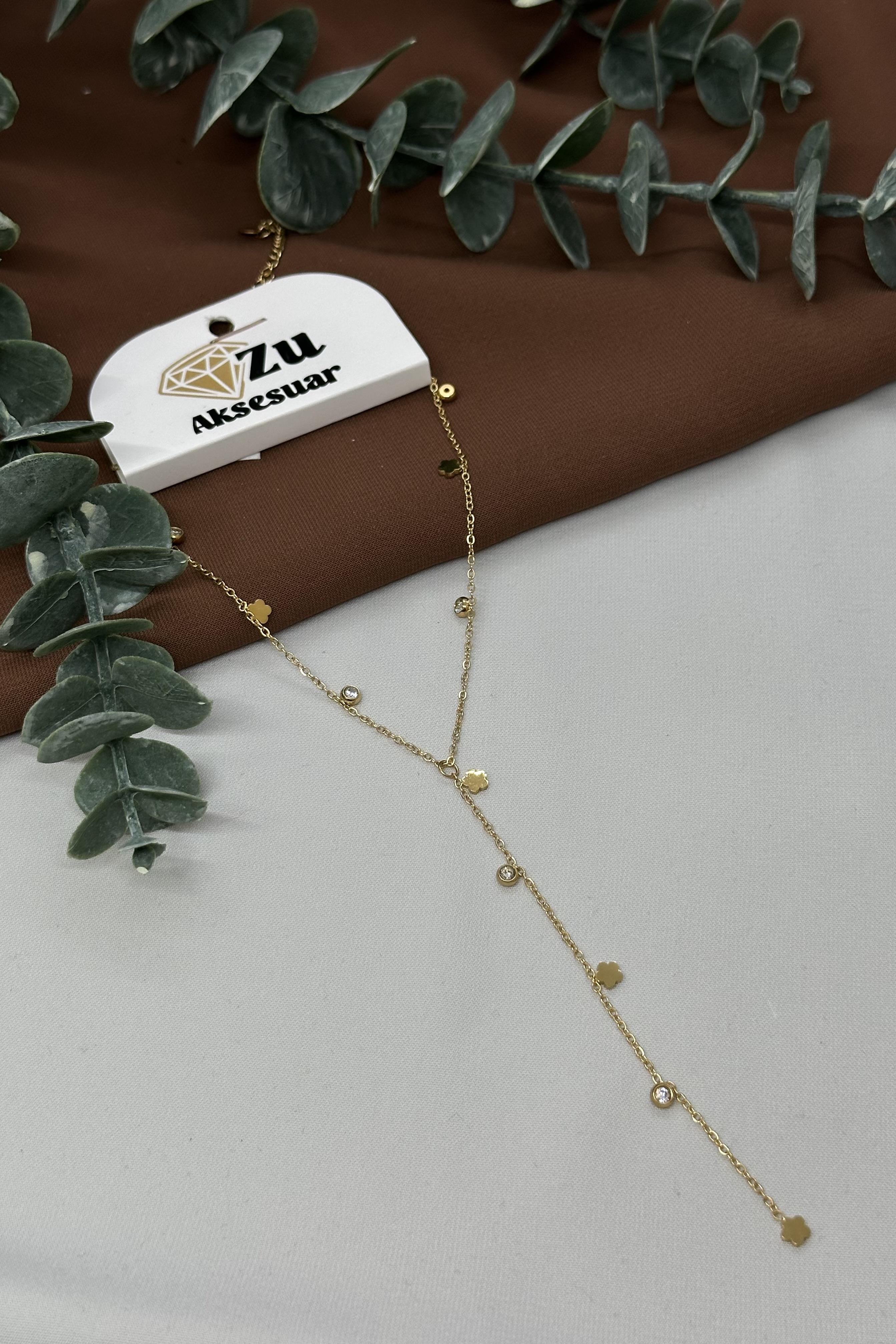 Yonca Model Gold Çelik Y Kolye