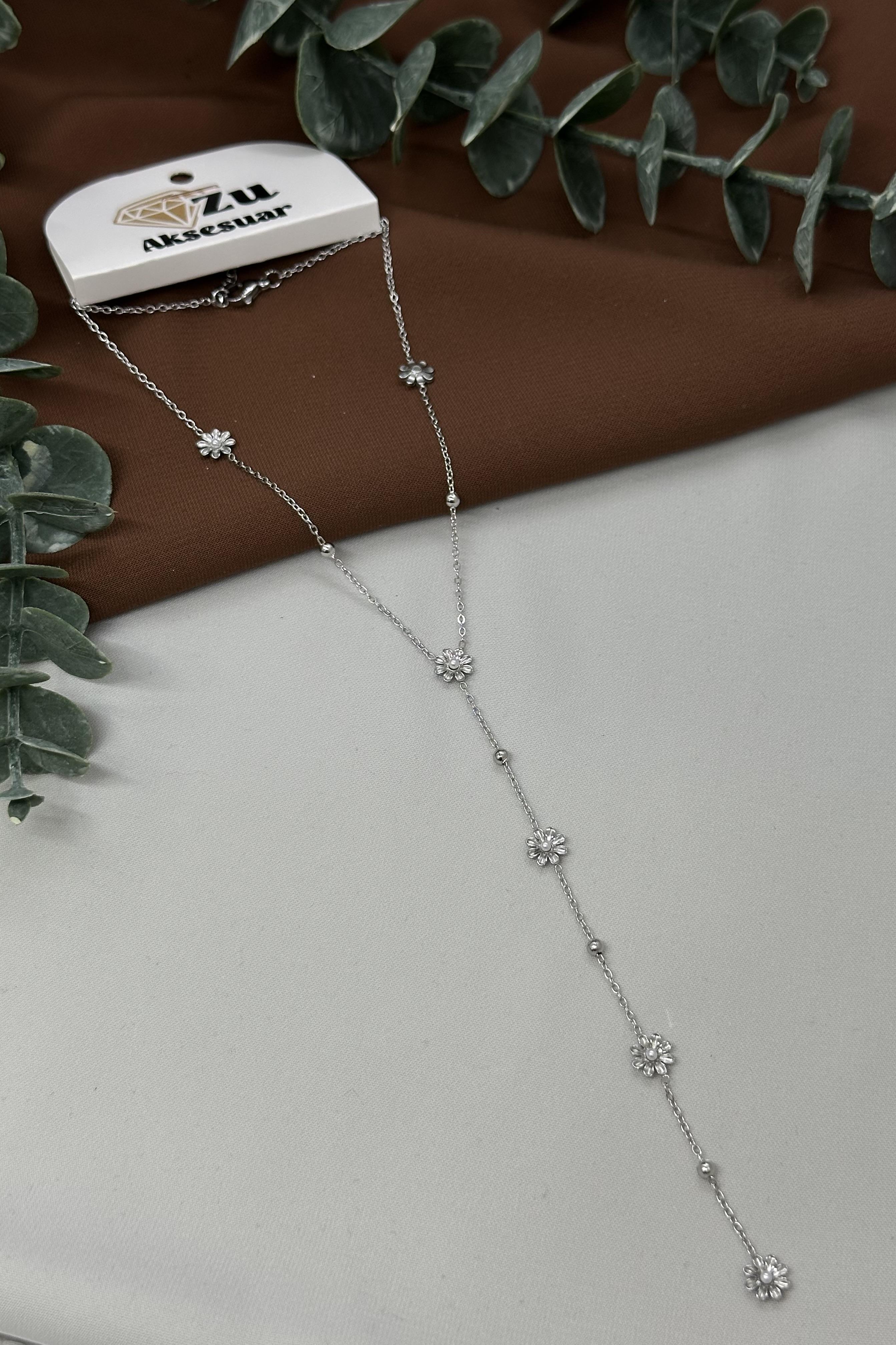 Çiçek Model Sılver Çelik Y Kolye