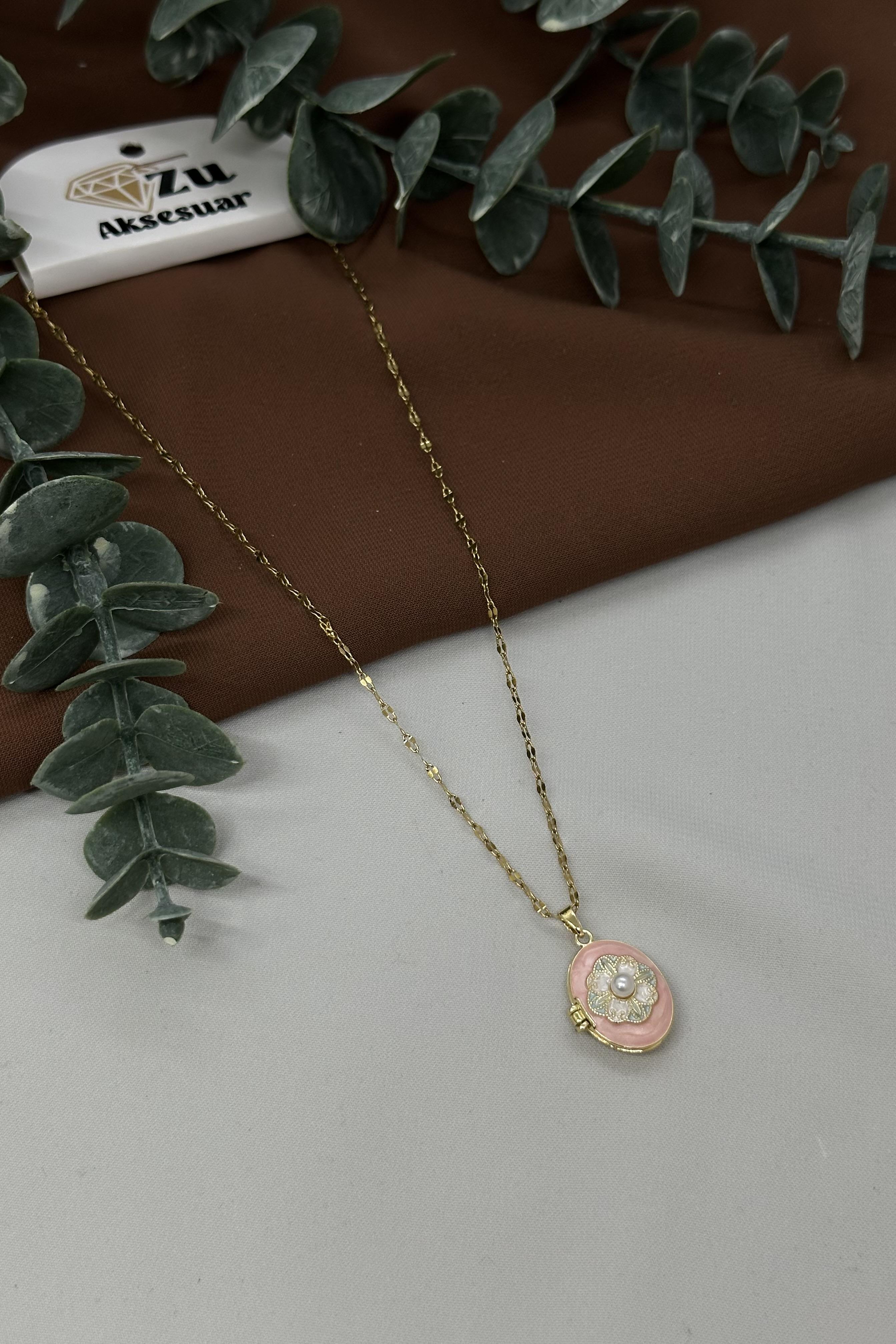 İçi Açılabilir Pembe Gold Çelik Kolye