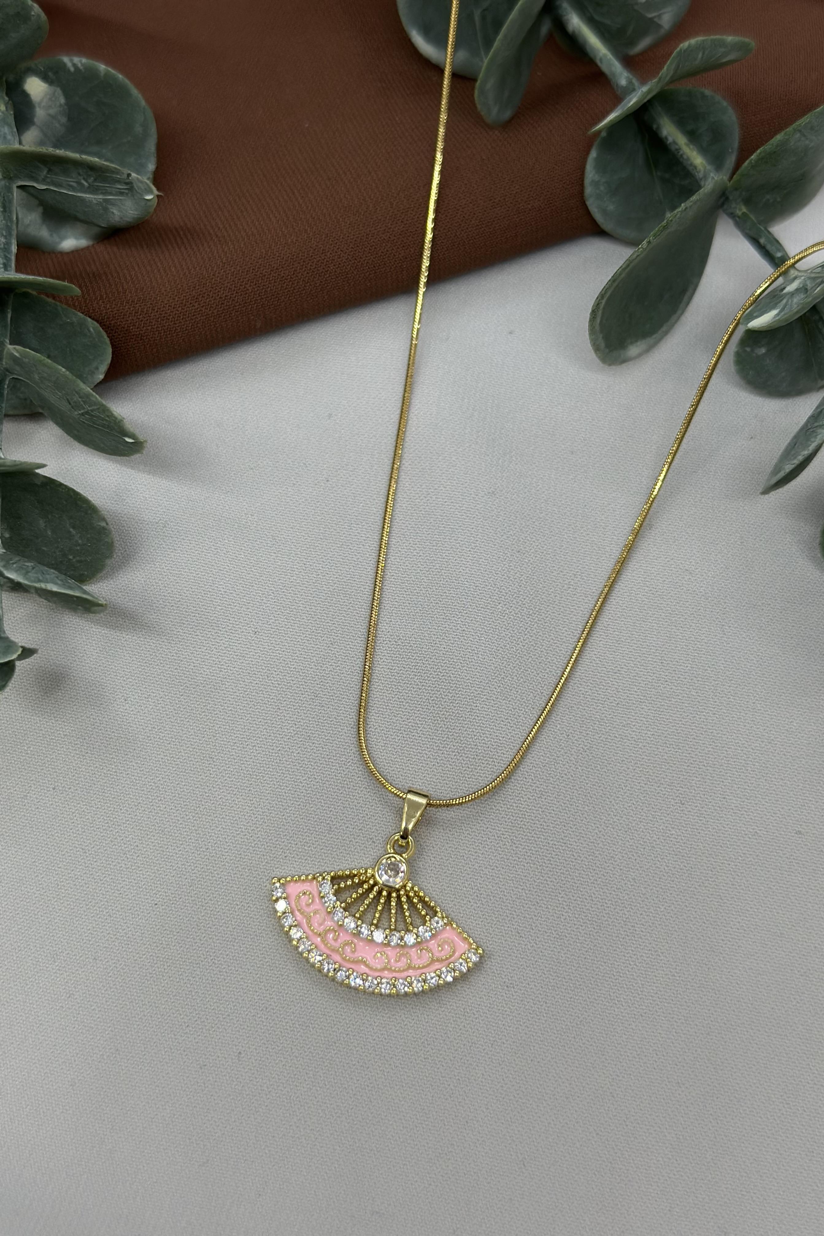 Pembe Yelpaze Gold Çelik Kolye