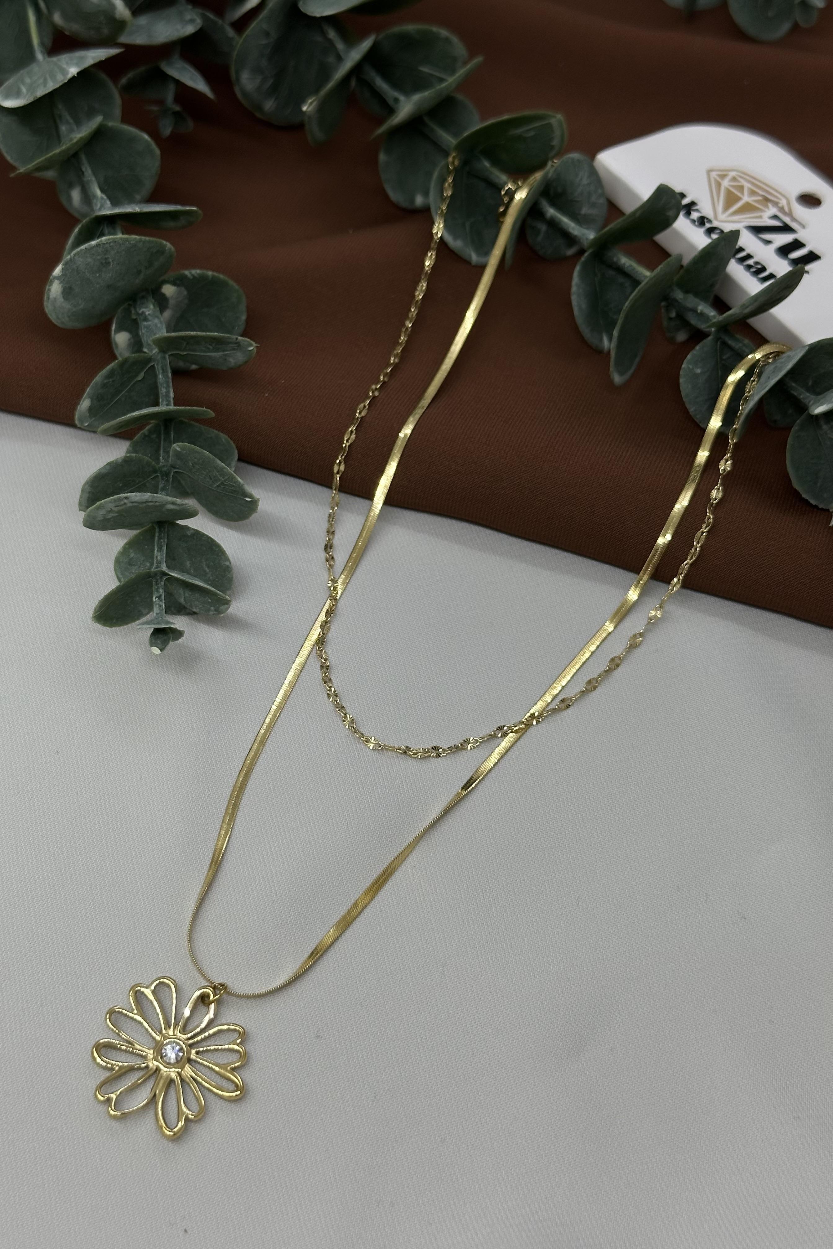 Çiçekli Gold İkili Çelik Kolye