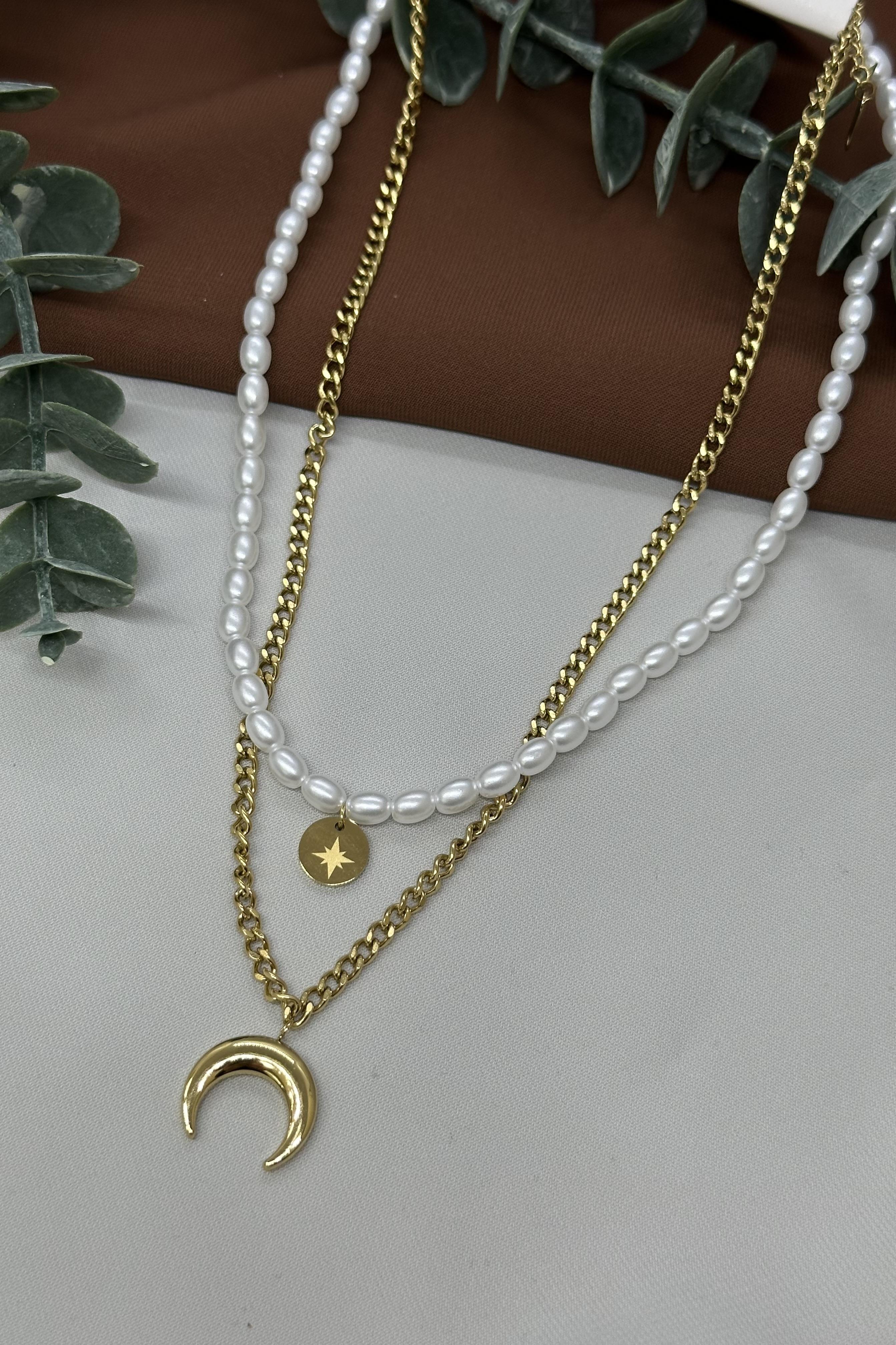 İkili Gold İncili Çelik Kolye