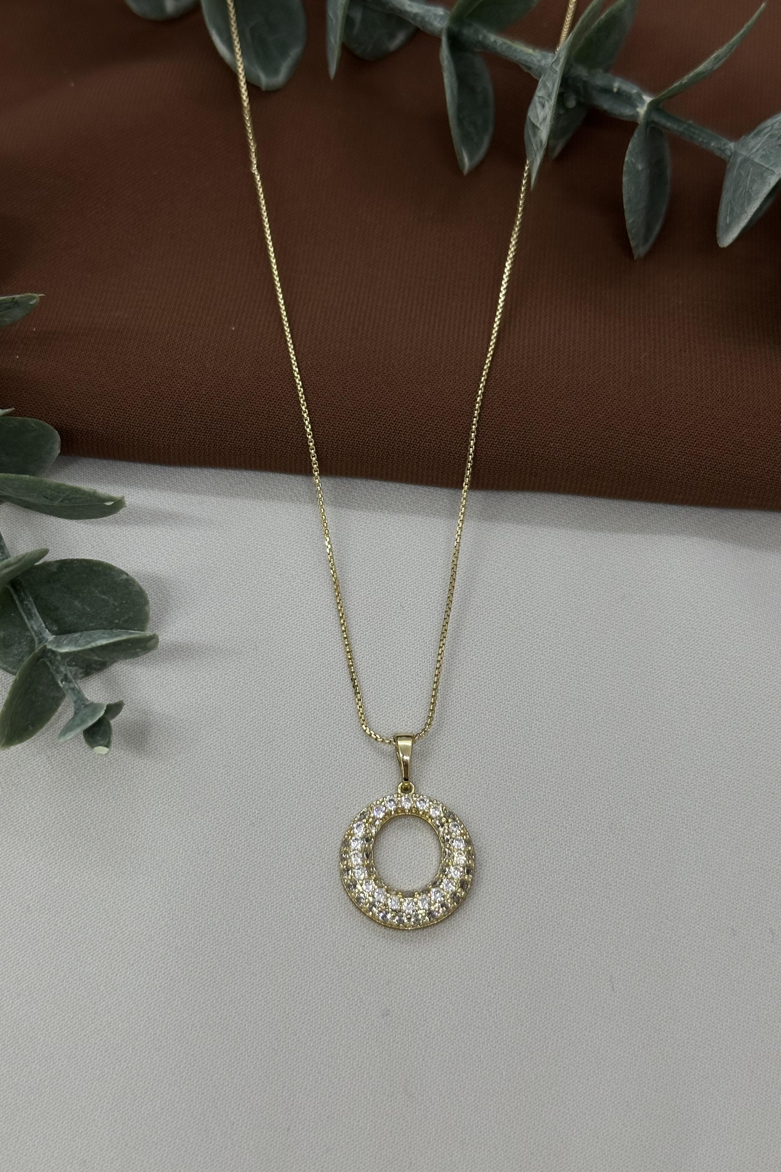 Yuvarlak Taşlı Gold Çelik Kolye
