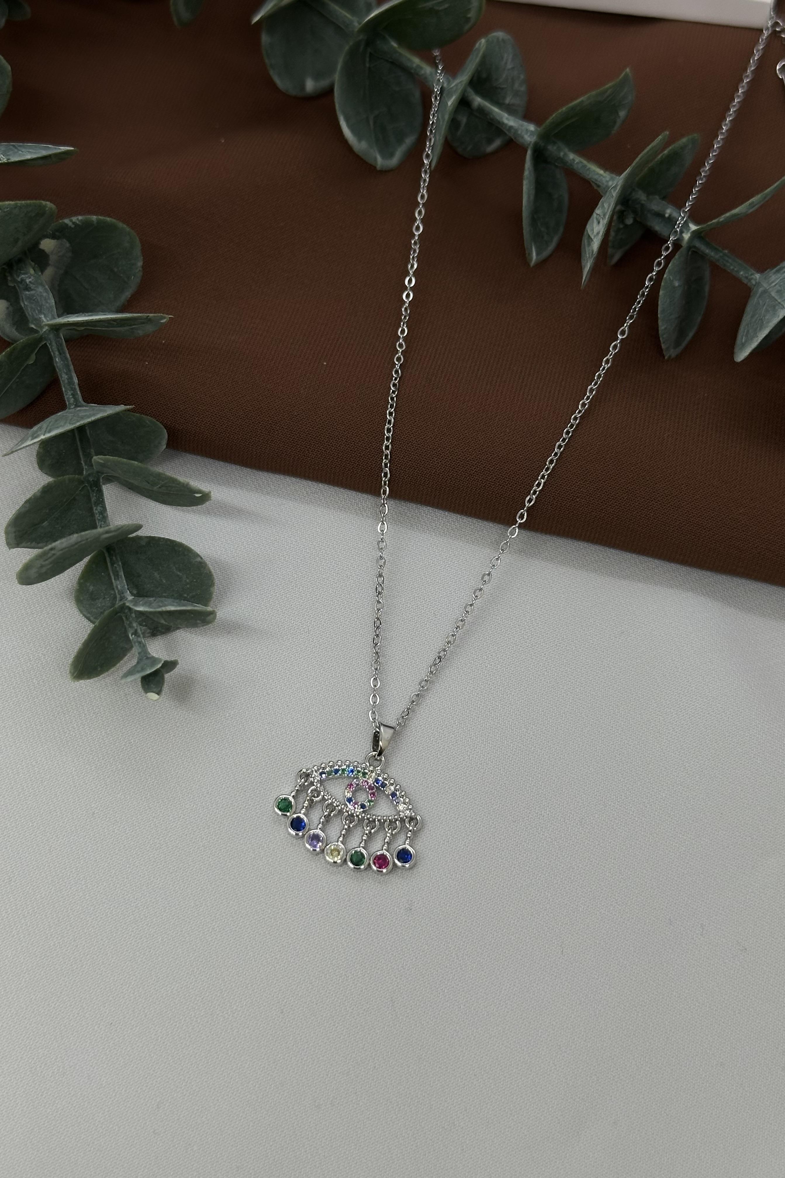 Renkli Taşlı Sılver Çeşil Kolye