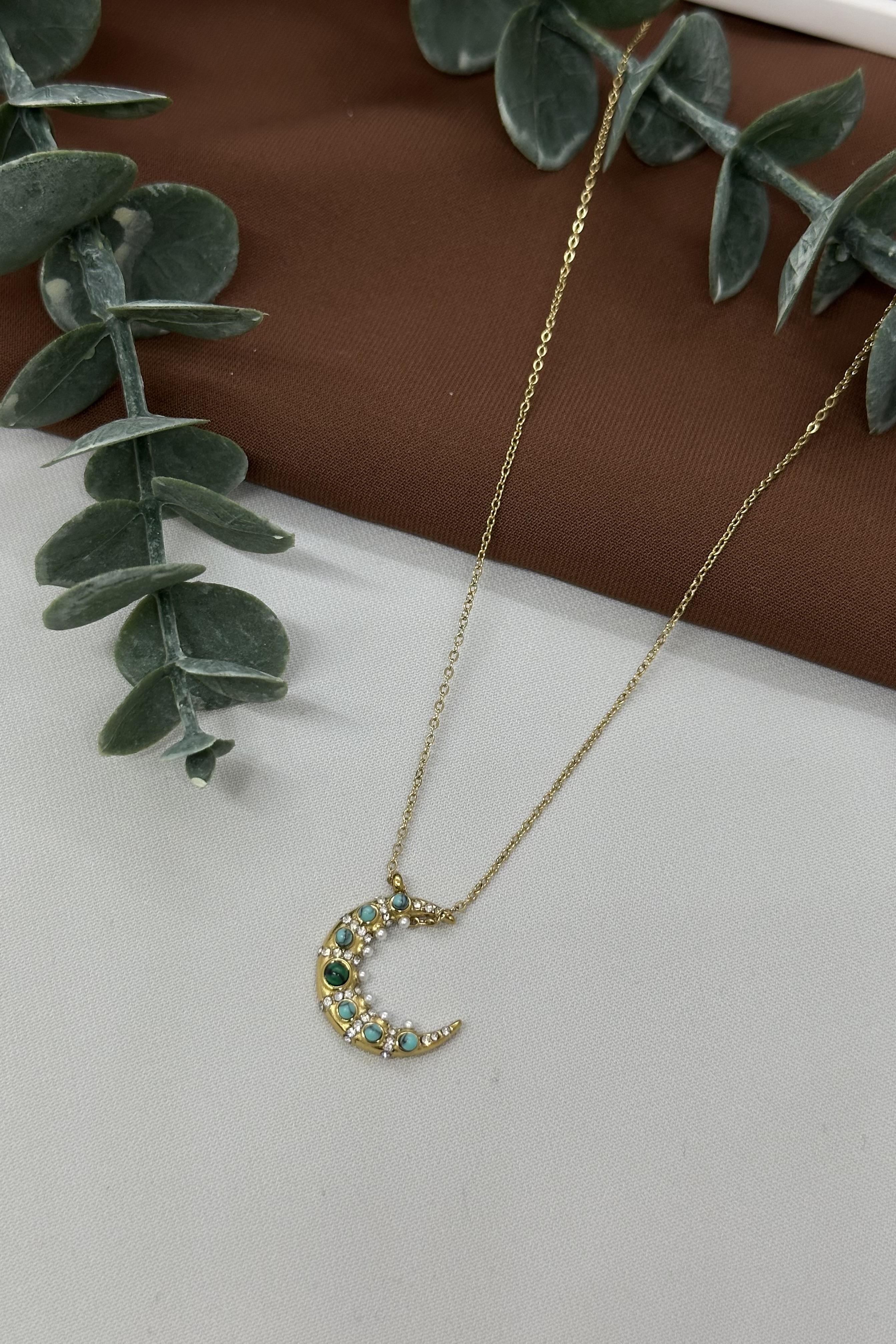 Yeşil Yaşlı Ay Gold Çelik Kolye