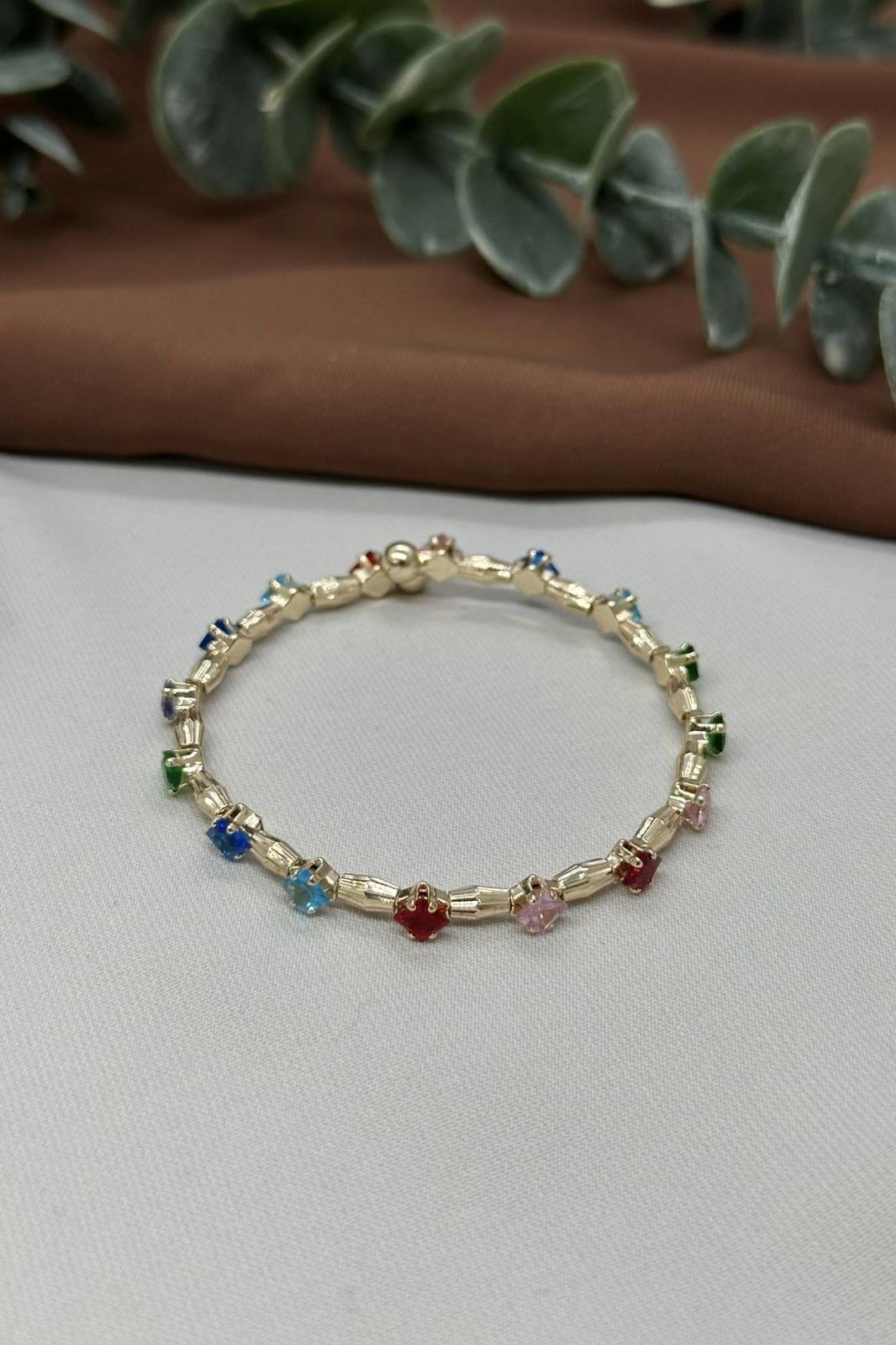Renkli Taşlı Gold Vıp Bileklik