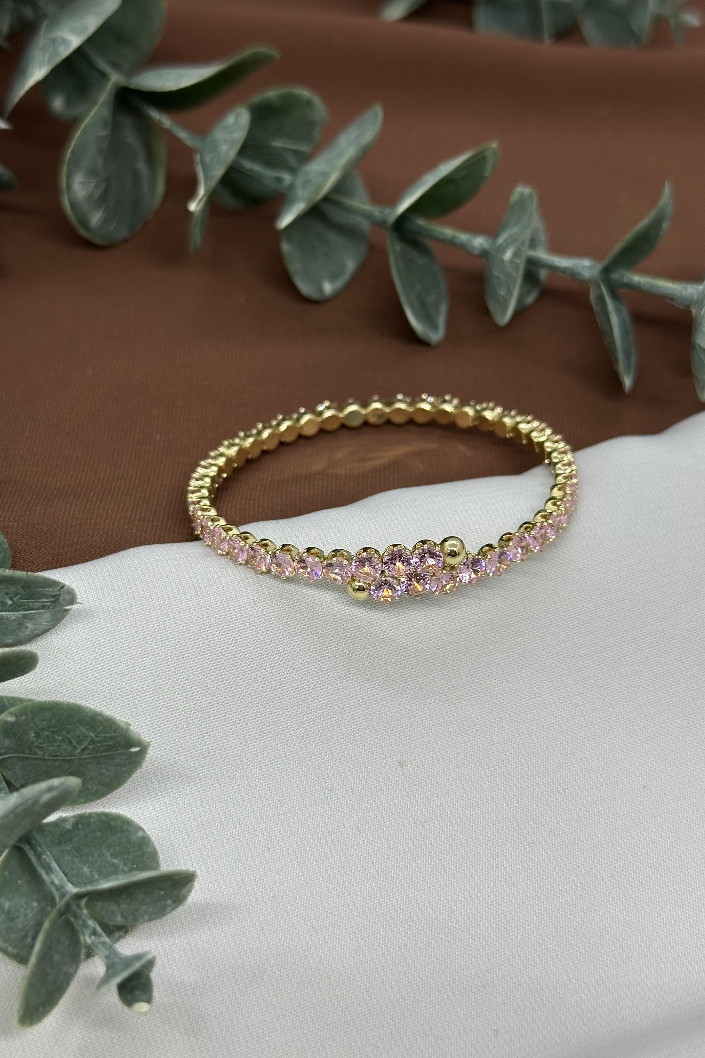 Pembe Taşlı Gold Çelik Kelepçe Bileklik